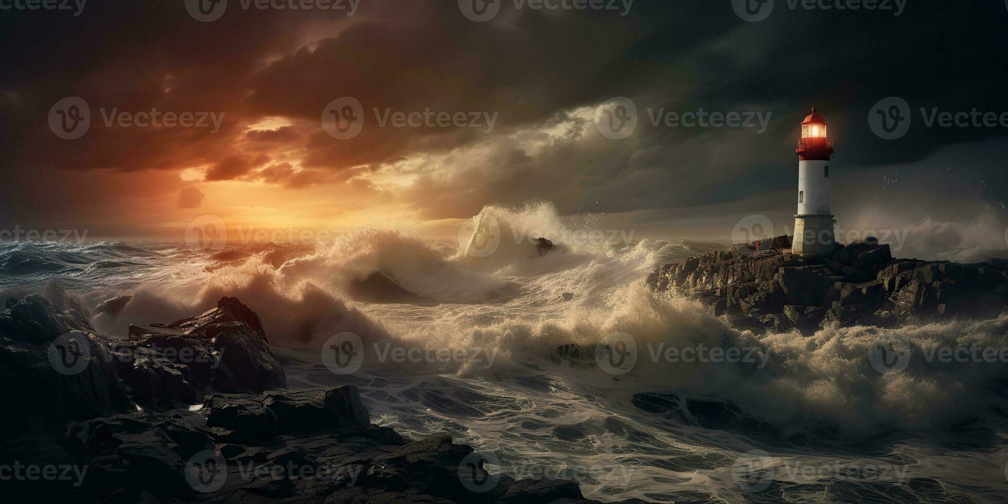 AI Generated. AI Generative. Nautical marine navy landscape with lighthouse on rock coast line with huge waves. Sea adventures explore. Graphic Art photo