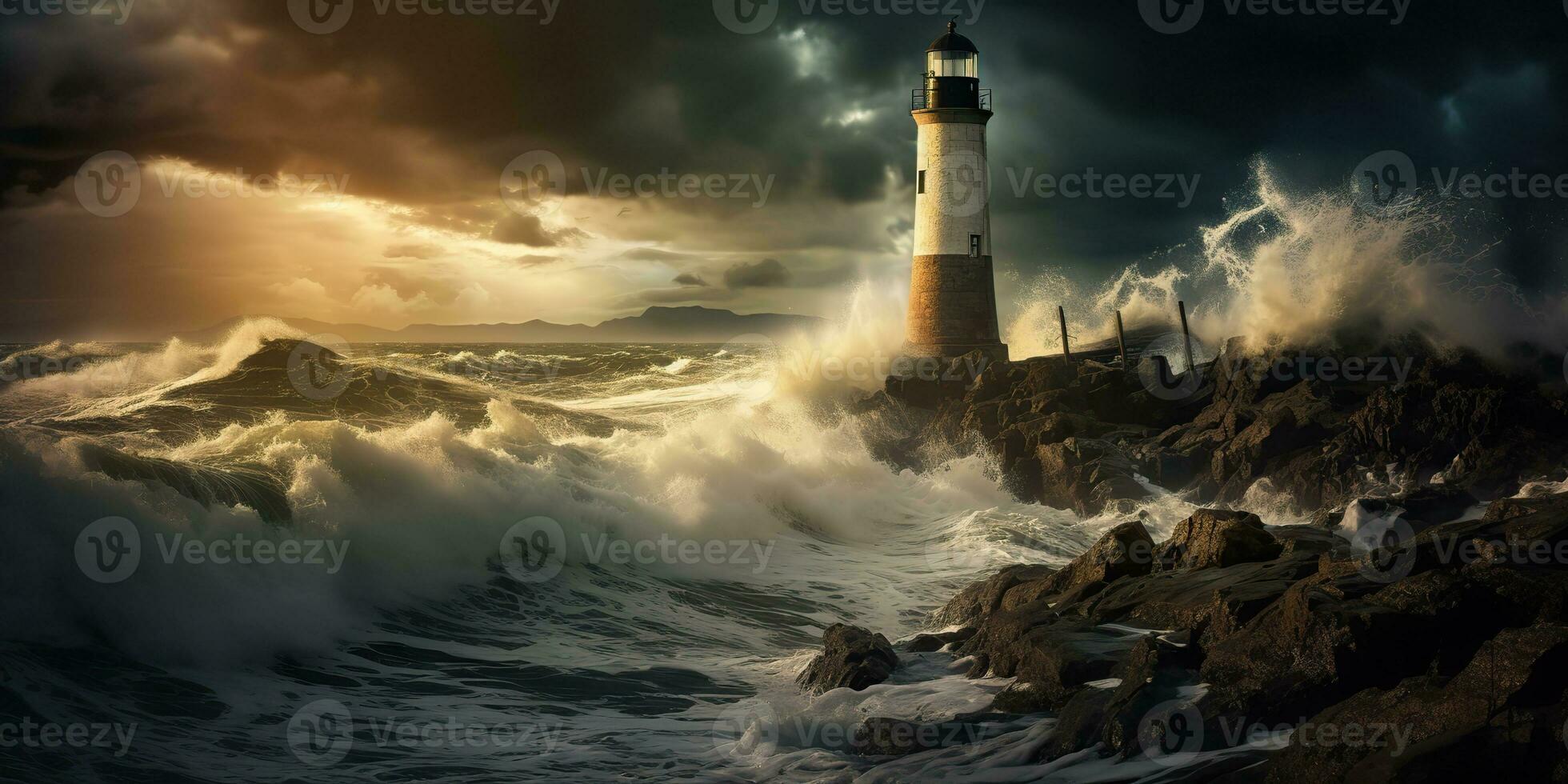 AI Generated. AI Generative. Nautical marine navy landscape with lighthouse on rock coast line with huge waves. Sea adventures explore. Graphic Art photo