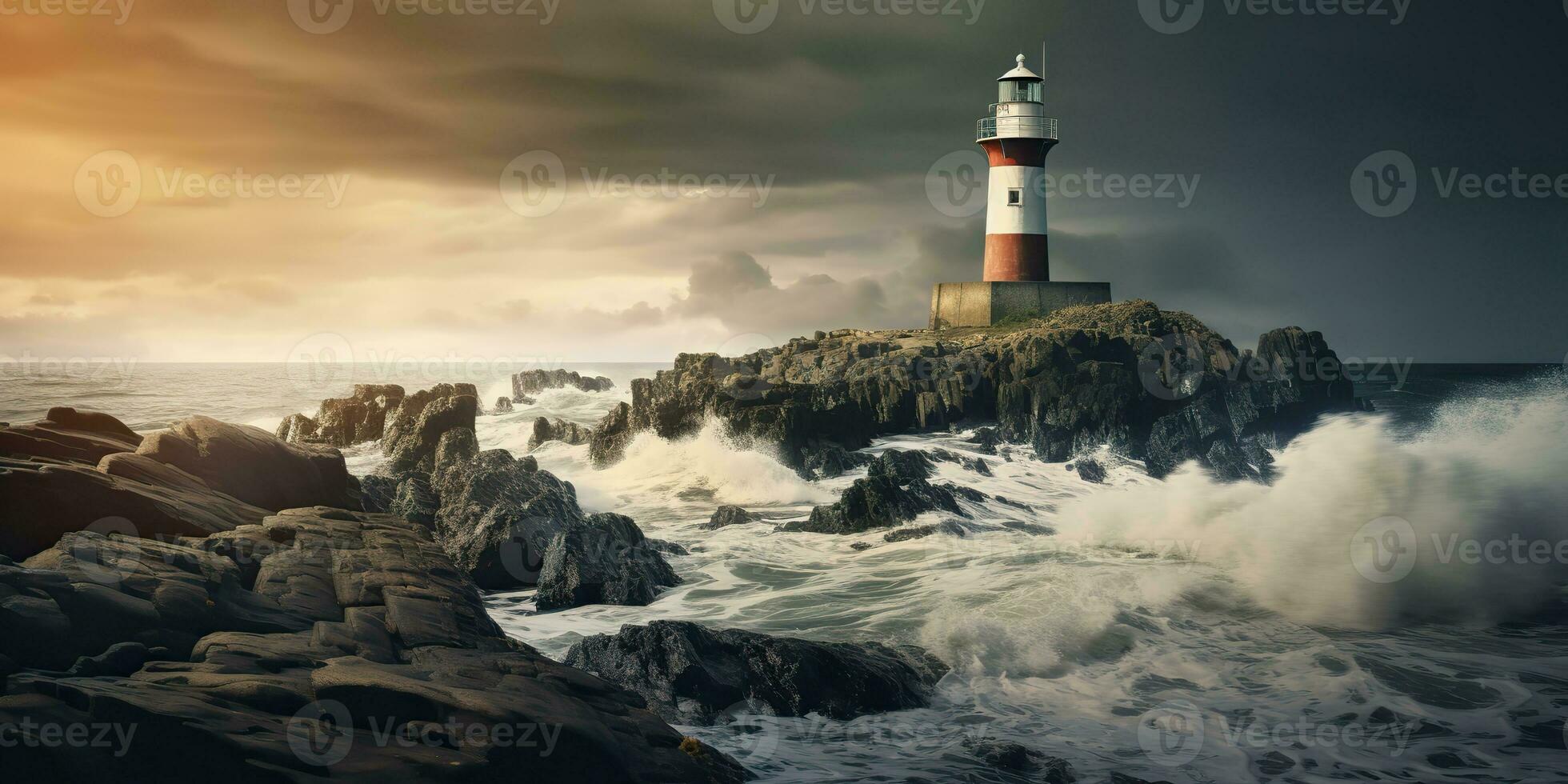 AI Generated. AI Generative. Nautical marine navy landscape with lighthouse on rock coast line with huge waves. Sea adventures explore. Graphic Art photo