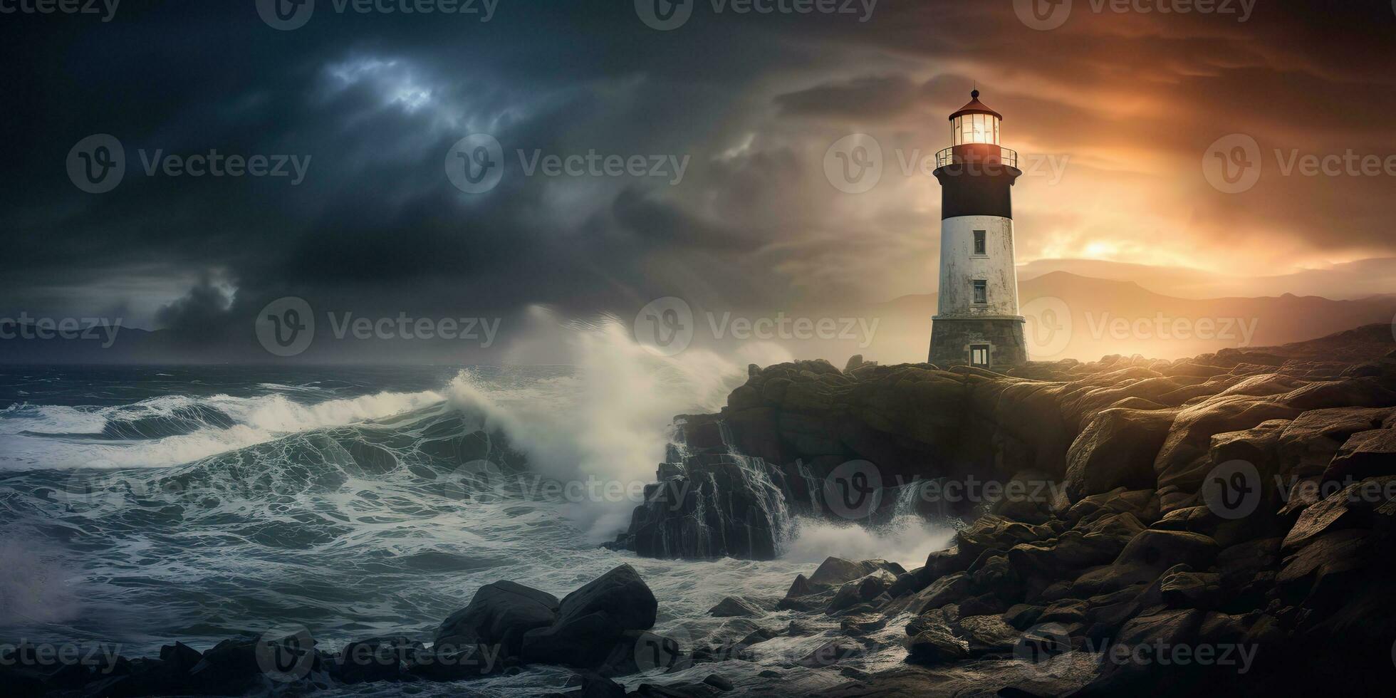 AI Generated. AI Generative. Nautical marine navy landscape with lighthouse on rock coast line with huge waves. Sea adventures explore. Graphic Art photo