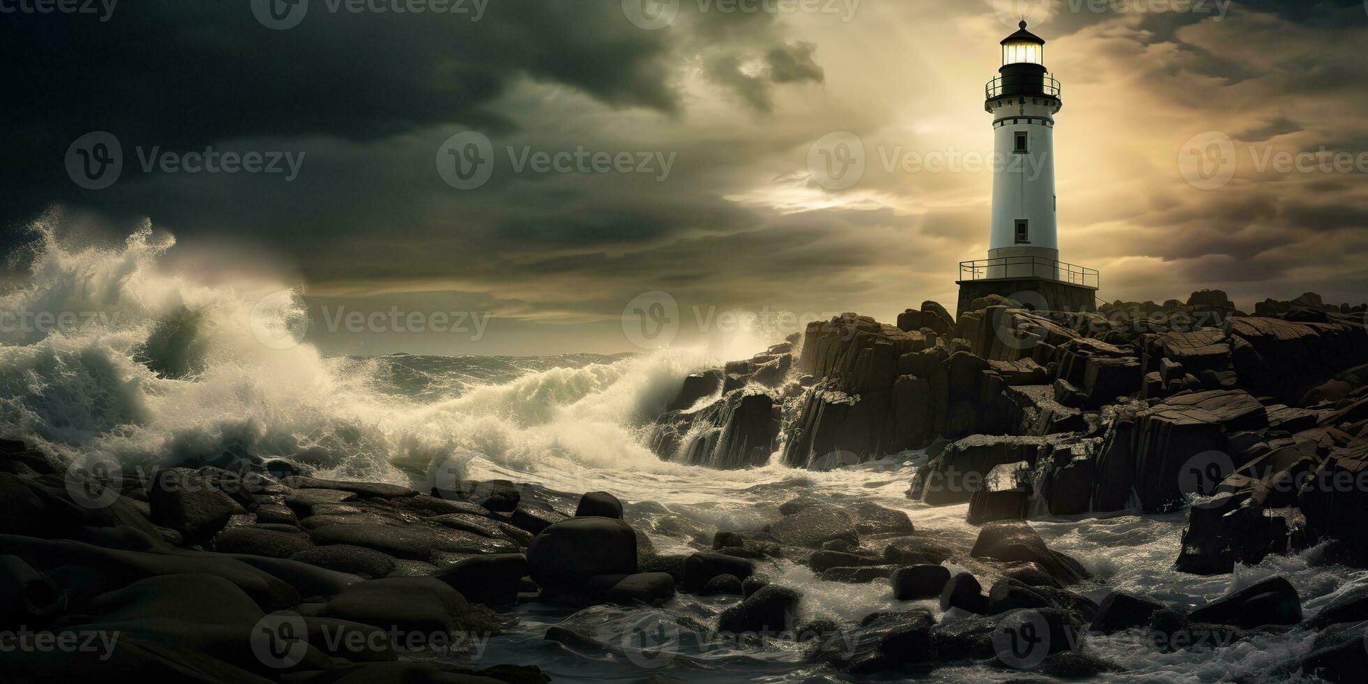 AI Generated. AI Generative. Nautical marine navy landscape with lighthouse on rock coast line with huge waves. Sea adventures explore. Graphic Art photo