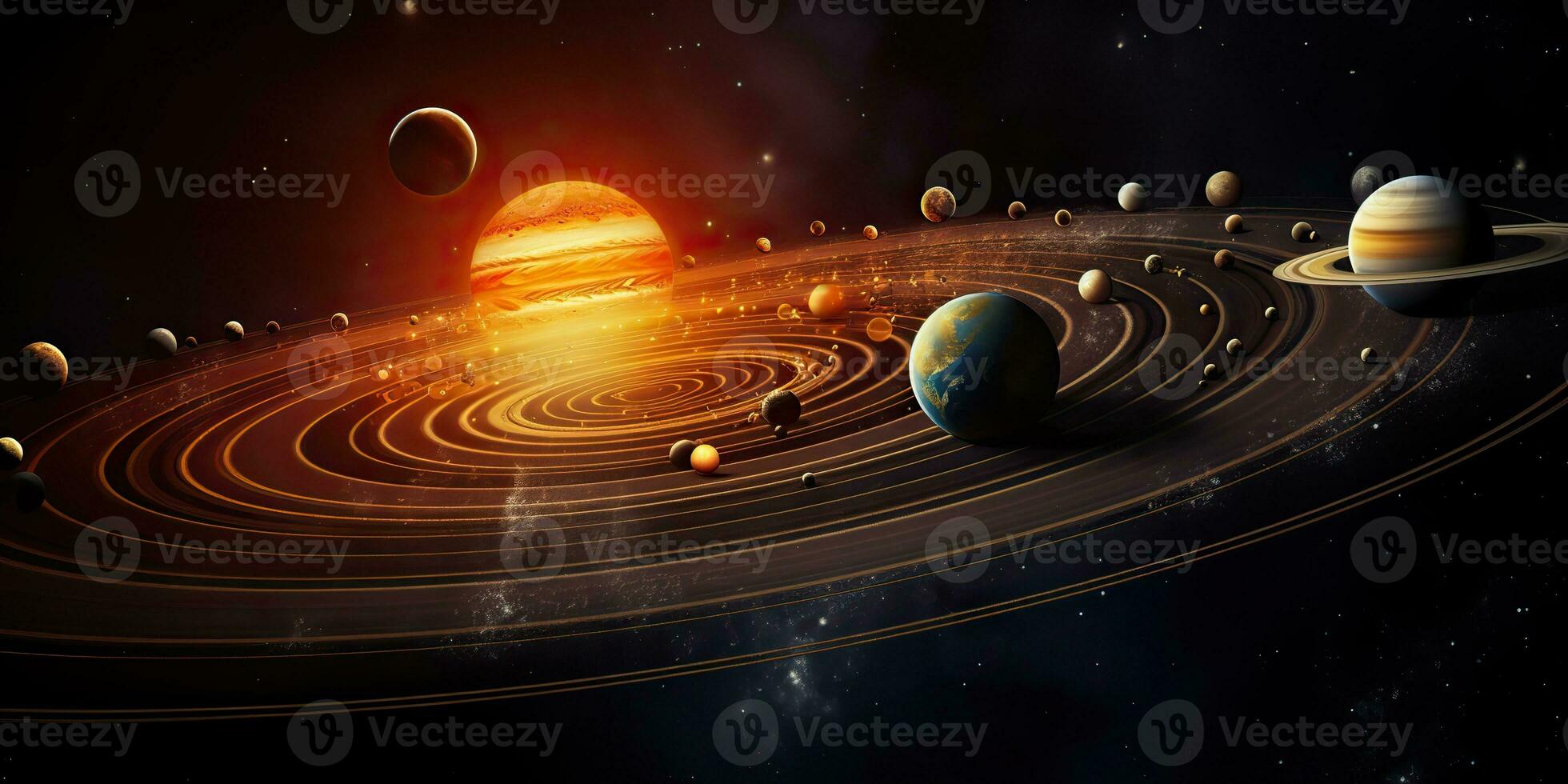 AI Generated. AI Generative. Solar system universe galaxy space planets poster background decoration. Graphic Art photo