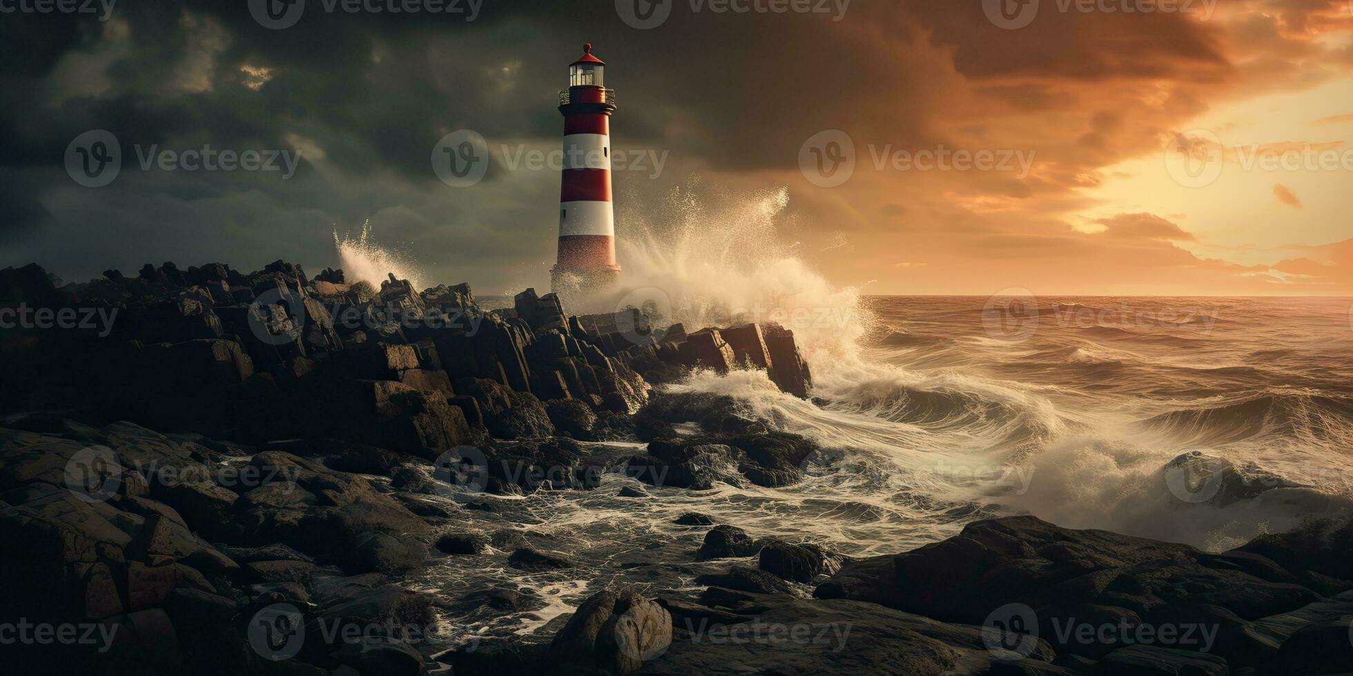 AI Generated. AI Generative. Nautical marine navy landscape with lighthouse on rock coast line with huge waves. Sea adventures explore. Graphic Art photo