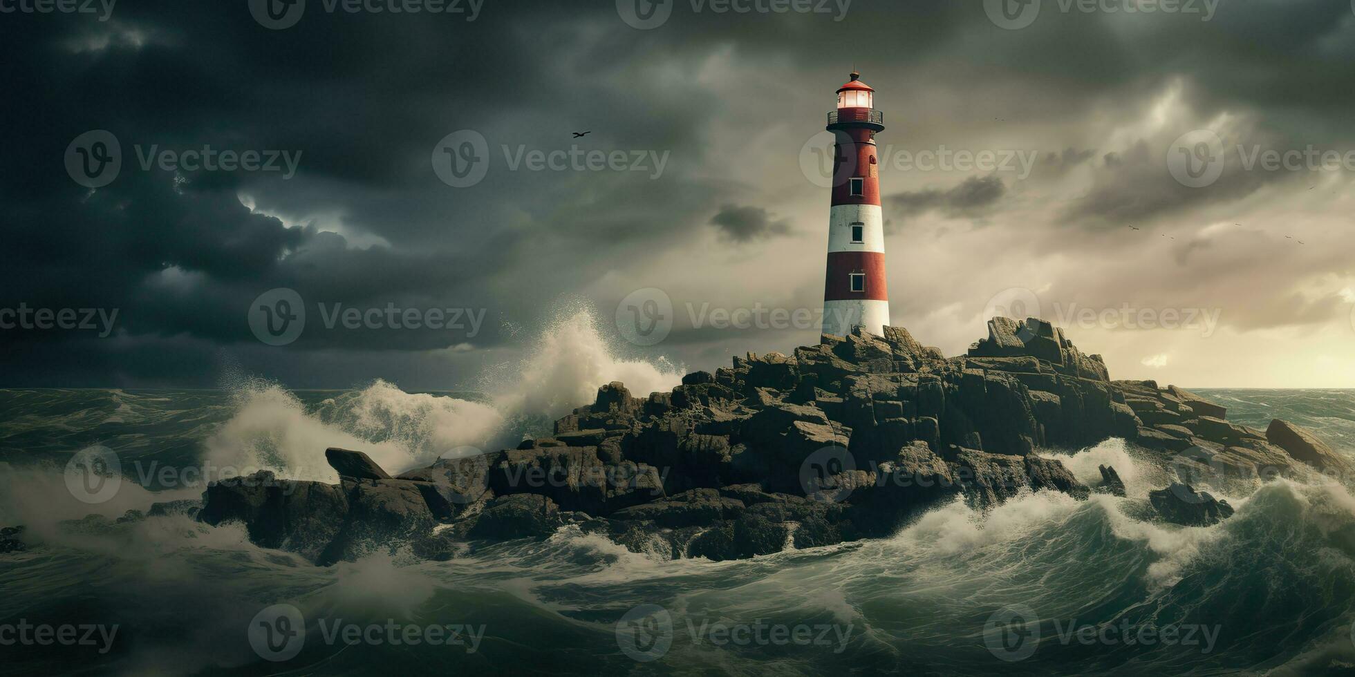 AI Generated. AI Generative. Nautical marine navy landscape with lighthouse on rock coast line with huge waves. Sea adventures explore. Graphic Art photo