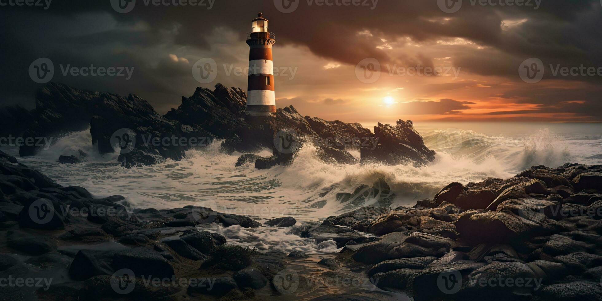 AI Generated. AI Generative. Nautical marine navy landscape with lighthouse on rock coast line with huge waves. Sea adventures explore. Graphic Art photo