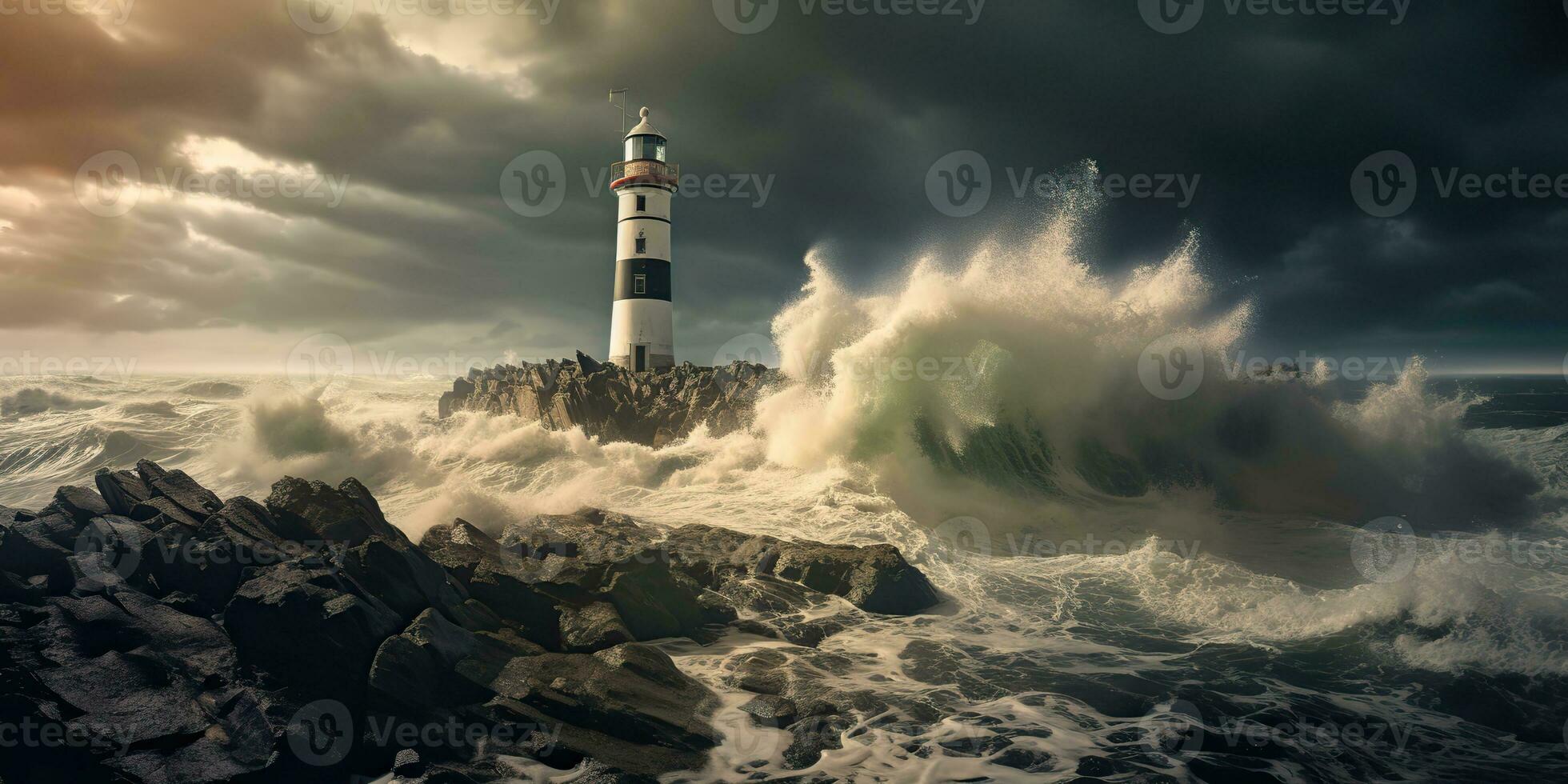 AI Generated. AI Generative. Nautical marine navy landscape with lighthouse on rock coast line with huge waves. Sea adventures explore. Graphic Art photo