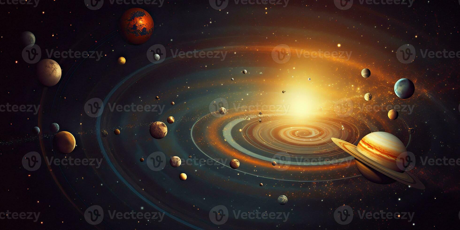 AI Generated. AI Generative. Solar system universe galaxy space planets poster background decoration. Graphic Art photo