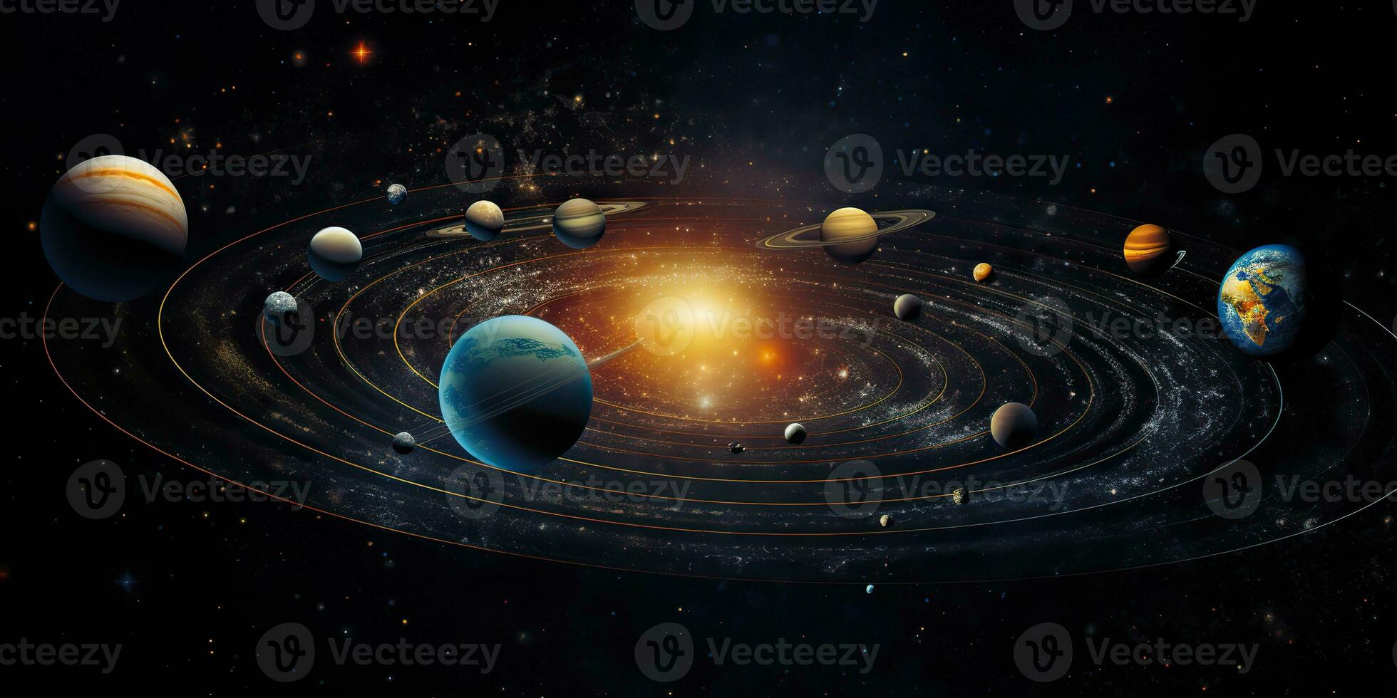 AI Generated. AI Generative. Solar system universe galaxy space planets poster background decoration. Graphic Art photo