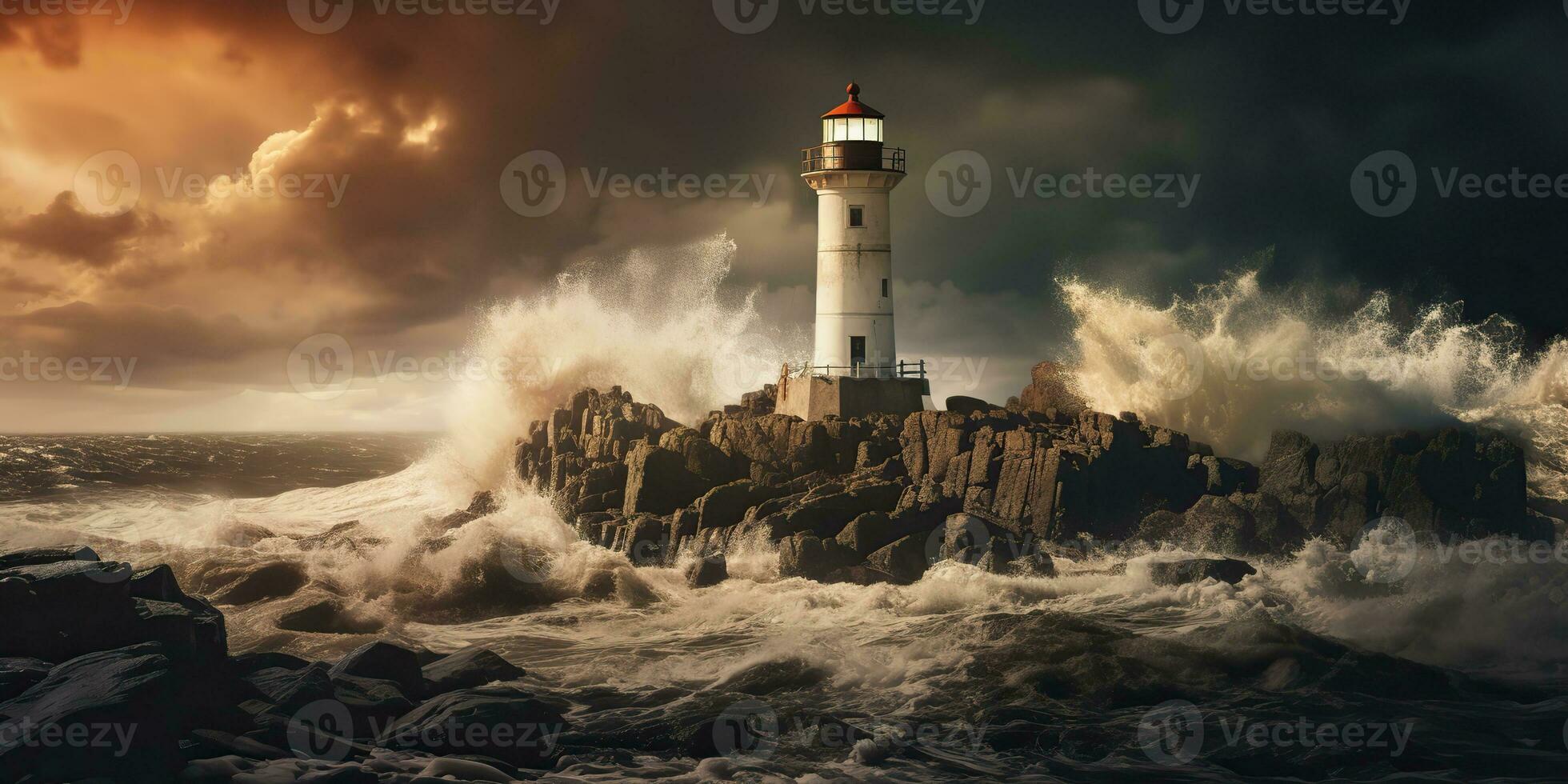 AI Generated. AI Generative. Nautical marine navy landscape with lighthouse on rock coast line with huge waves. Sea adventures explore. Graphic Art photo