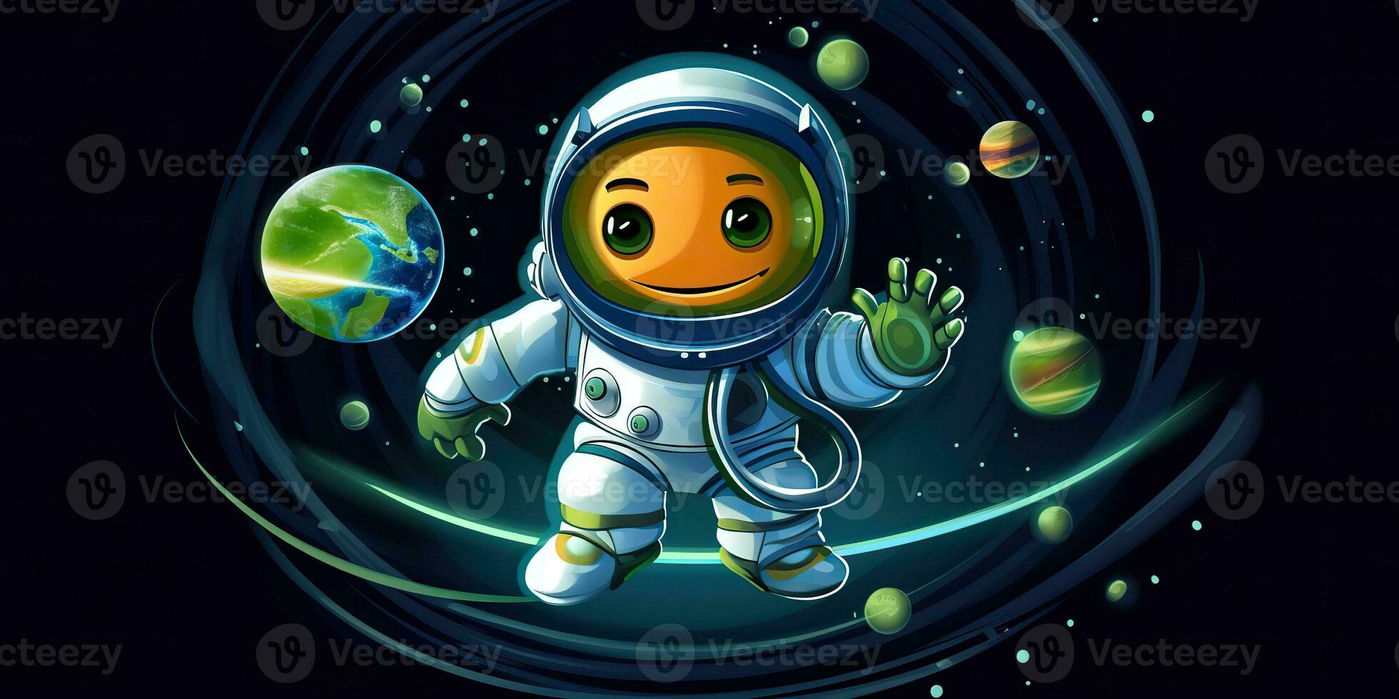 AI Generated. AI Generative. Galaxy space adventures cosmos solar system cute cartoon character for kids game. Graphic Art photo