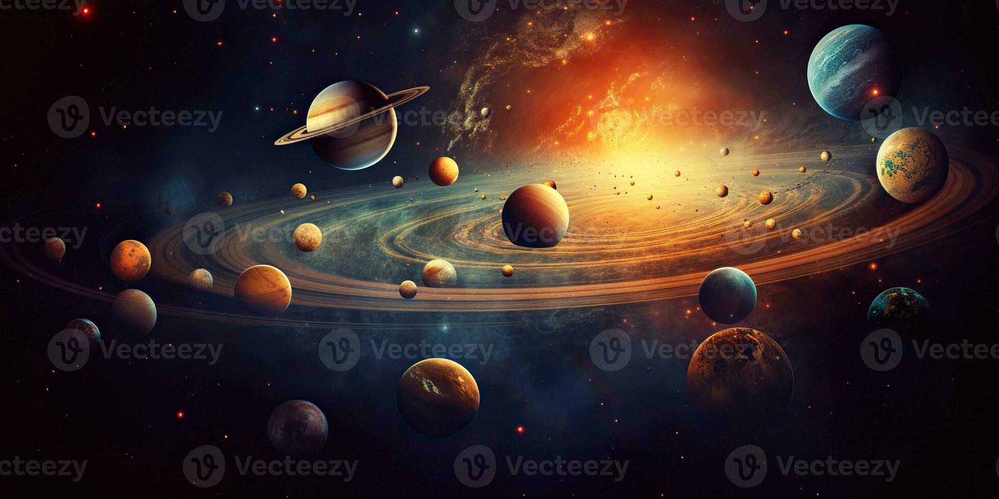 AI Generated. AI Generative. Solar system universe galaxy space planets poster background decoration. Graphic Art photo