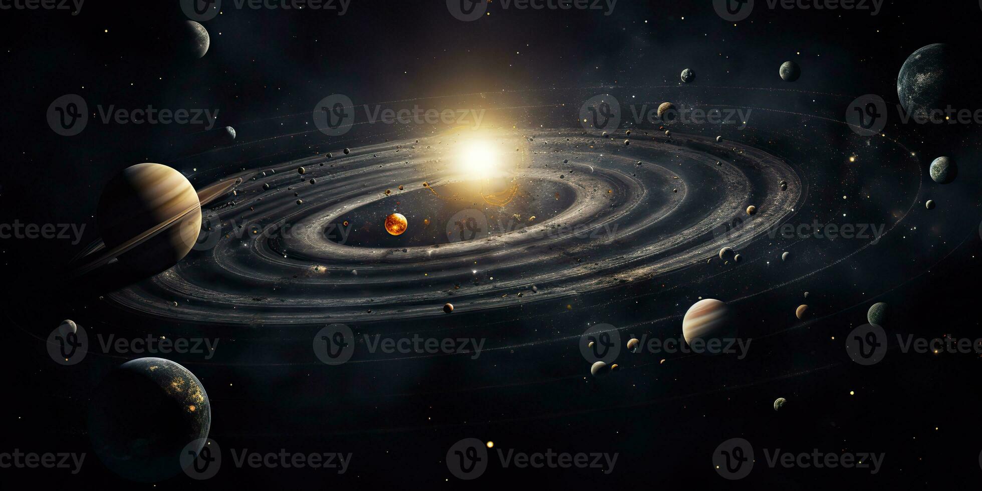 AI Generated. AI Generative. Solar system universe galaxy space planets poster background decoration. Graphic Art photo