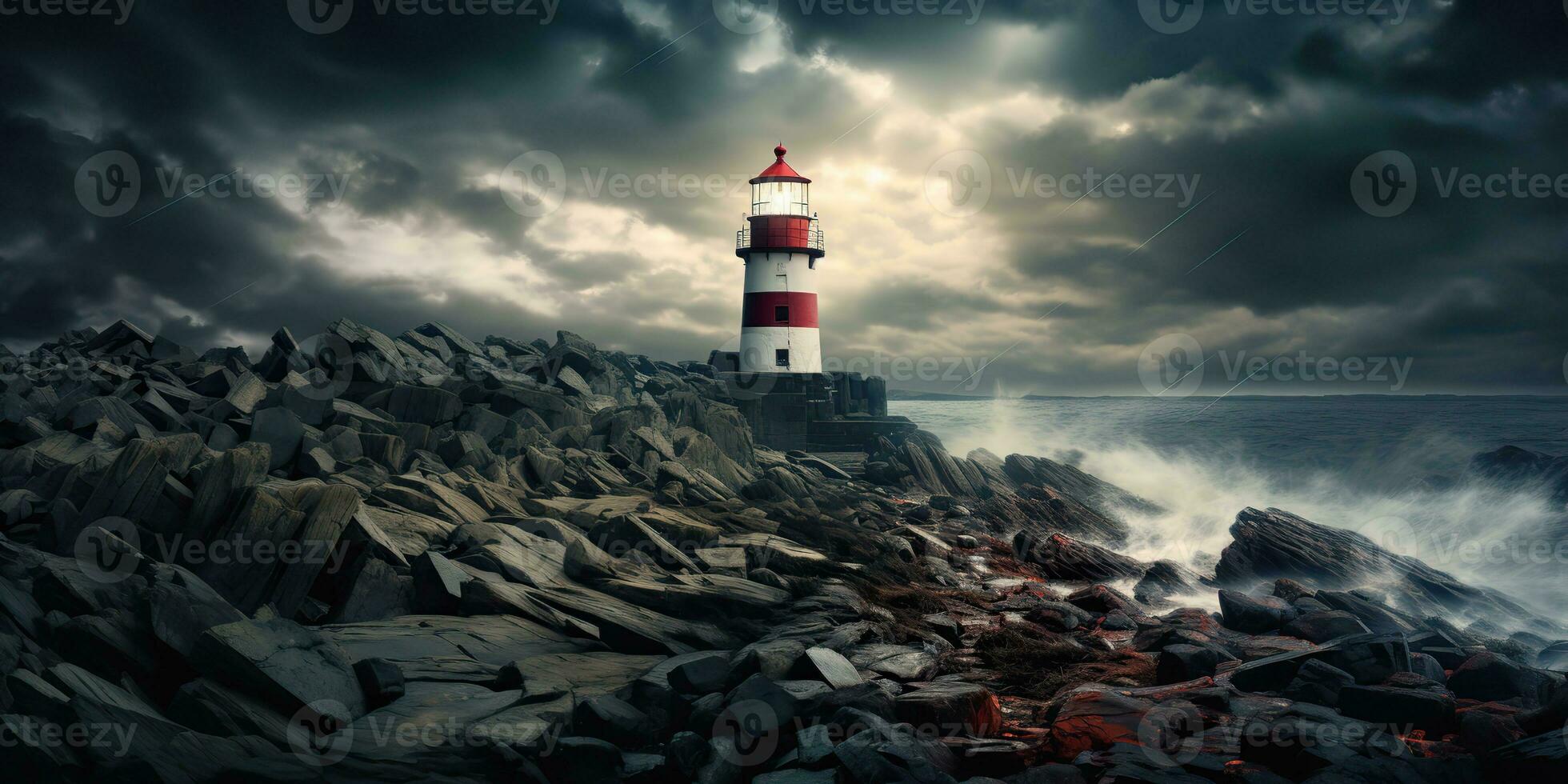 AI Generated. AI Generative. Nautical marine navy landscape with lighthouse on rock coast line with huge waves. Sea adventures explore. Graphic Art photo