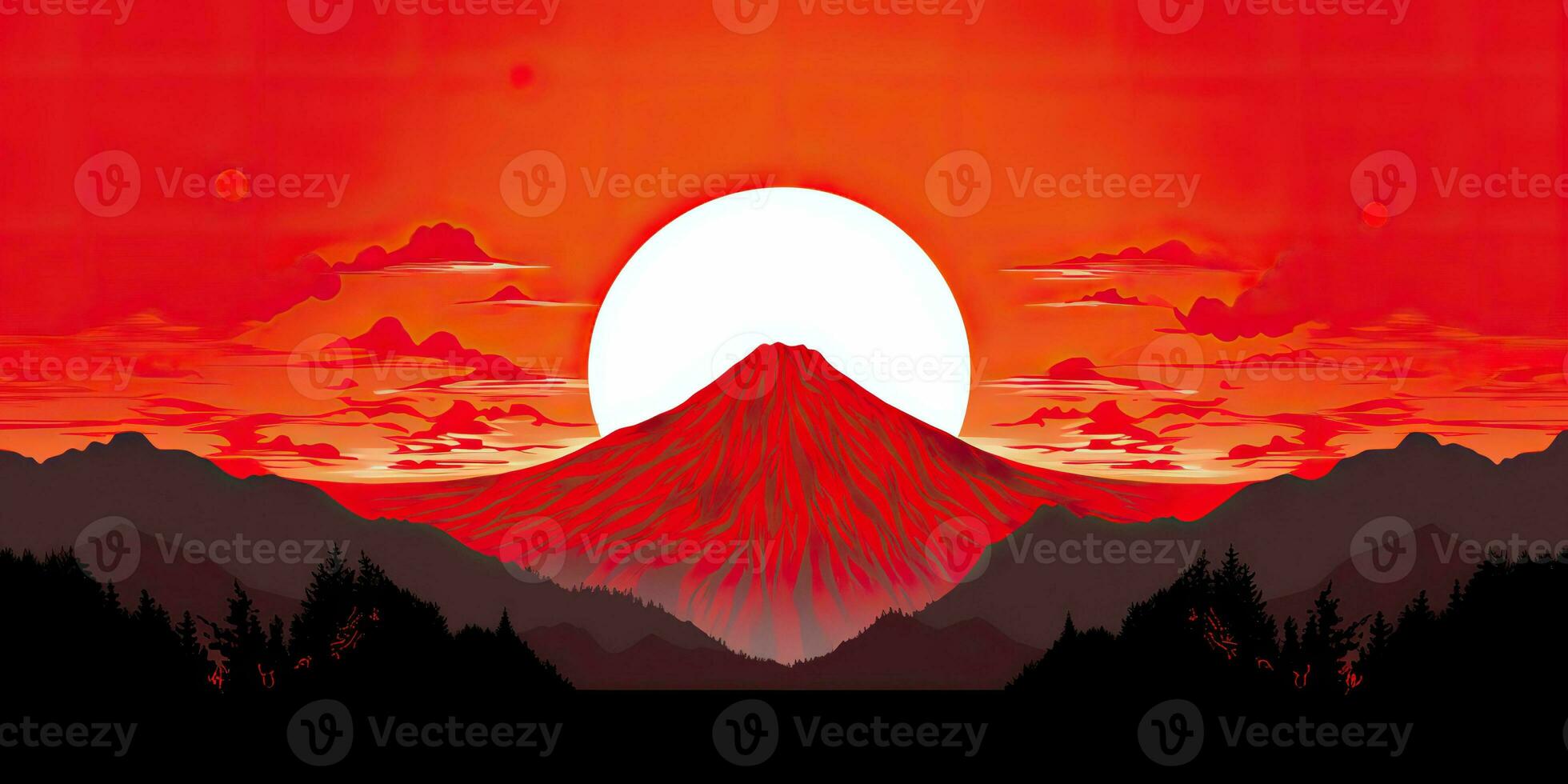 AI Generated. AI Generative. Japanese asian minimalistic landscape background. Nature outdoor sun mountain sunset sunrise vacation adventure view. Graphic Art photo