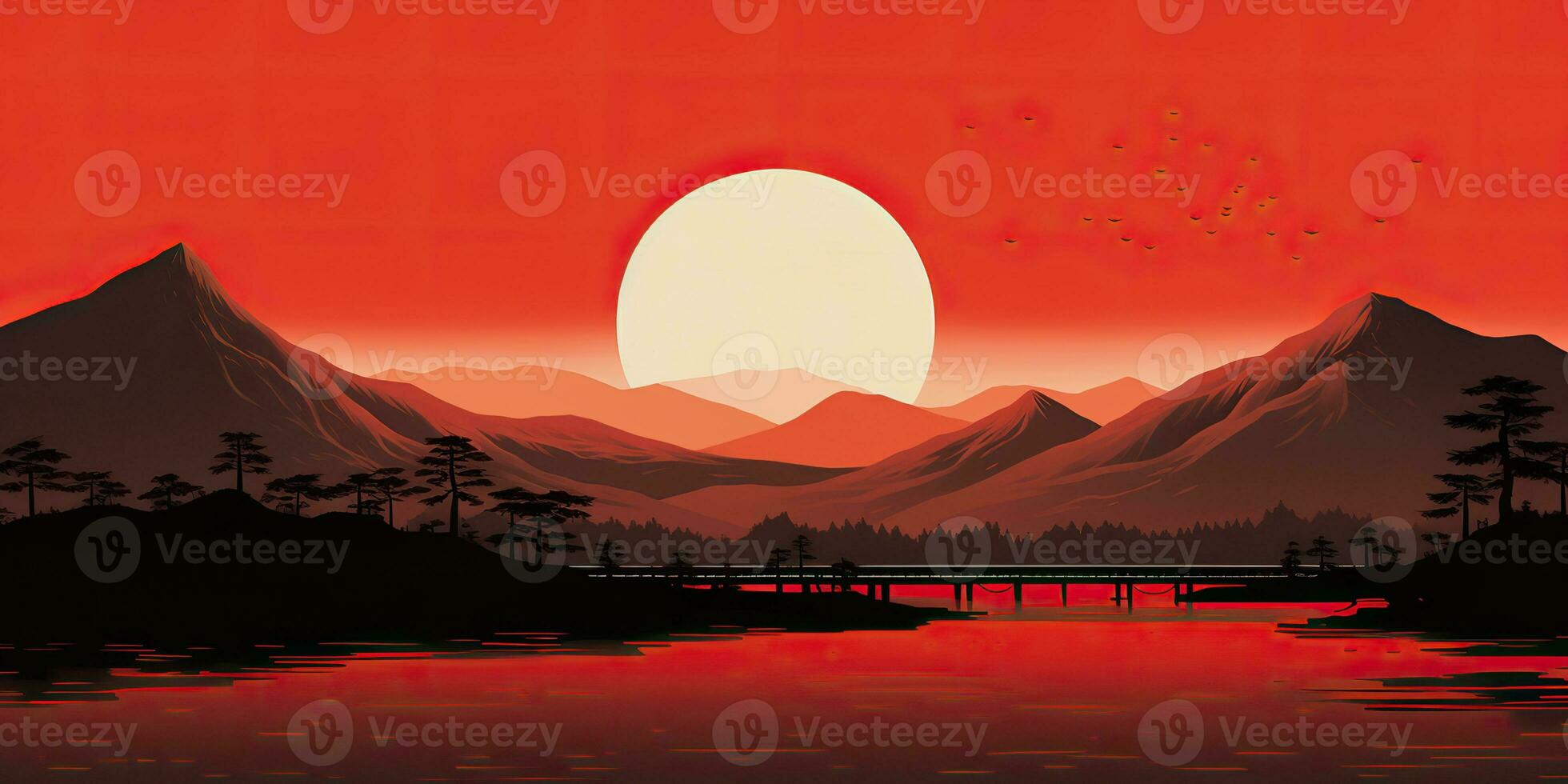 AI Generated. AI Generative. Japanese asian minimalistic landscape background. Nature outdoor sun mountain sunset sunrise vacation adventure view. Graphic Art photo