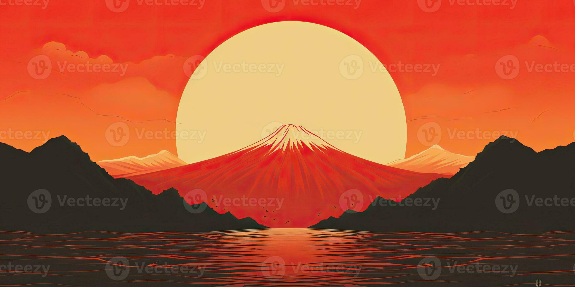 AI Generated. AI Generative. Japanese asian minimalistic landscape background. Nature outdoor sun mountain sunset sunrise vacation adventure view. Graphic Art photo