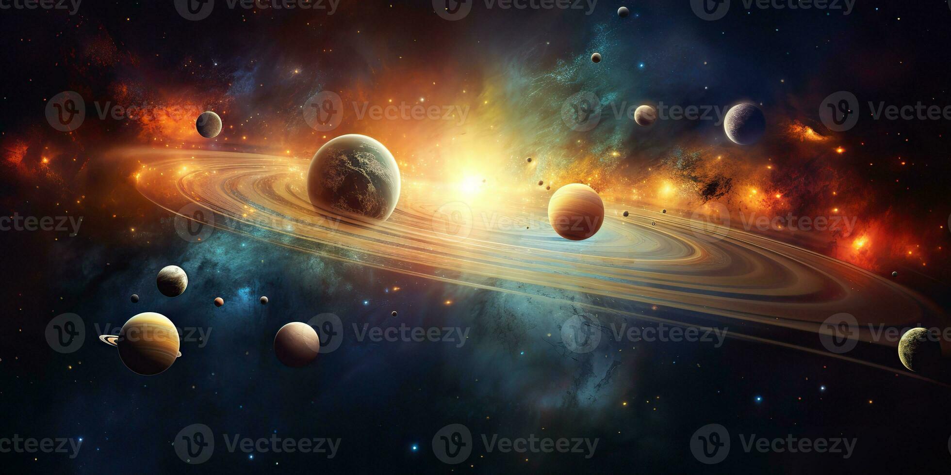 AI Generated. AI Generative. Solar system universe galaxy space planets poster background decoration. Graphic Art photo