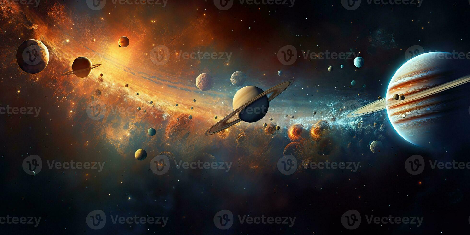 AI Generated. AI Generative. Solar system universe galaxy space planets poster background decoration. Graphic Art photo