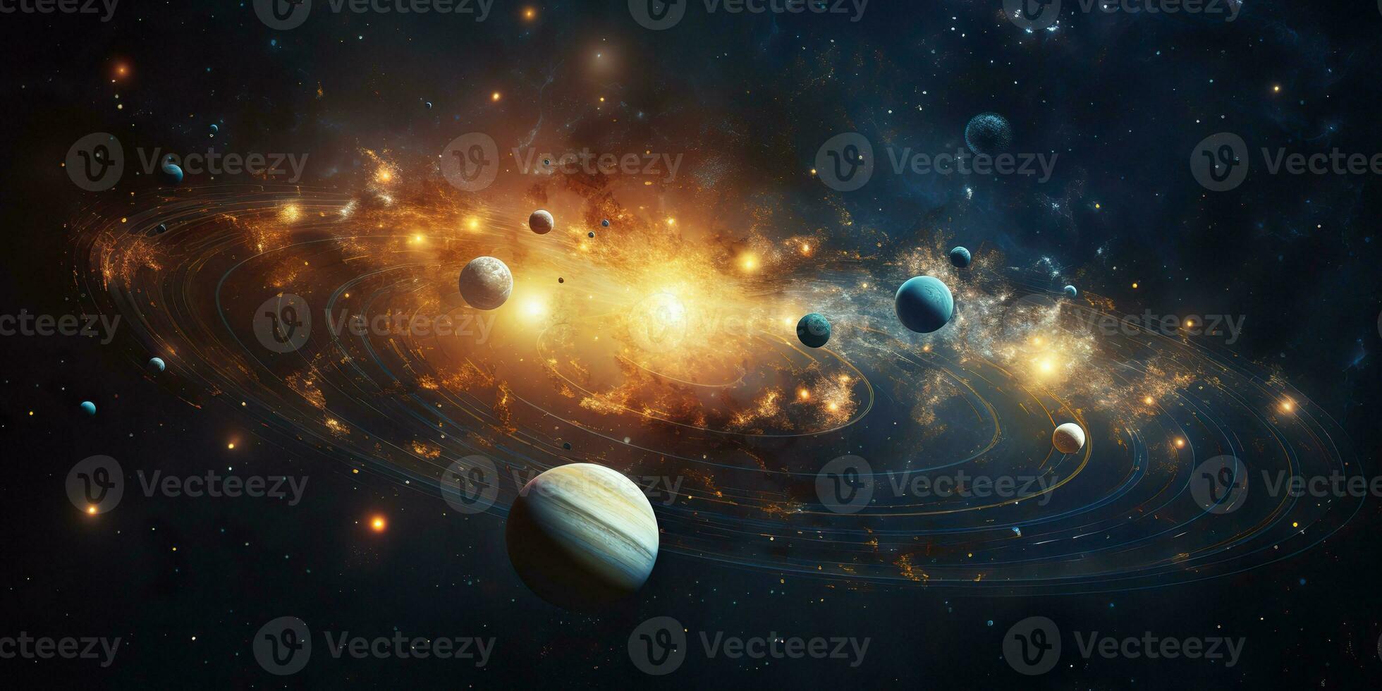 AI Generated. AI Generative. Solar system universe galaxy space planets poster background decoration. Graphic Art photo