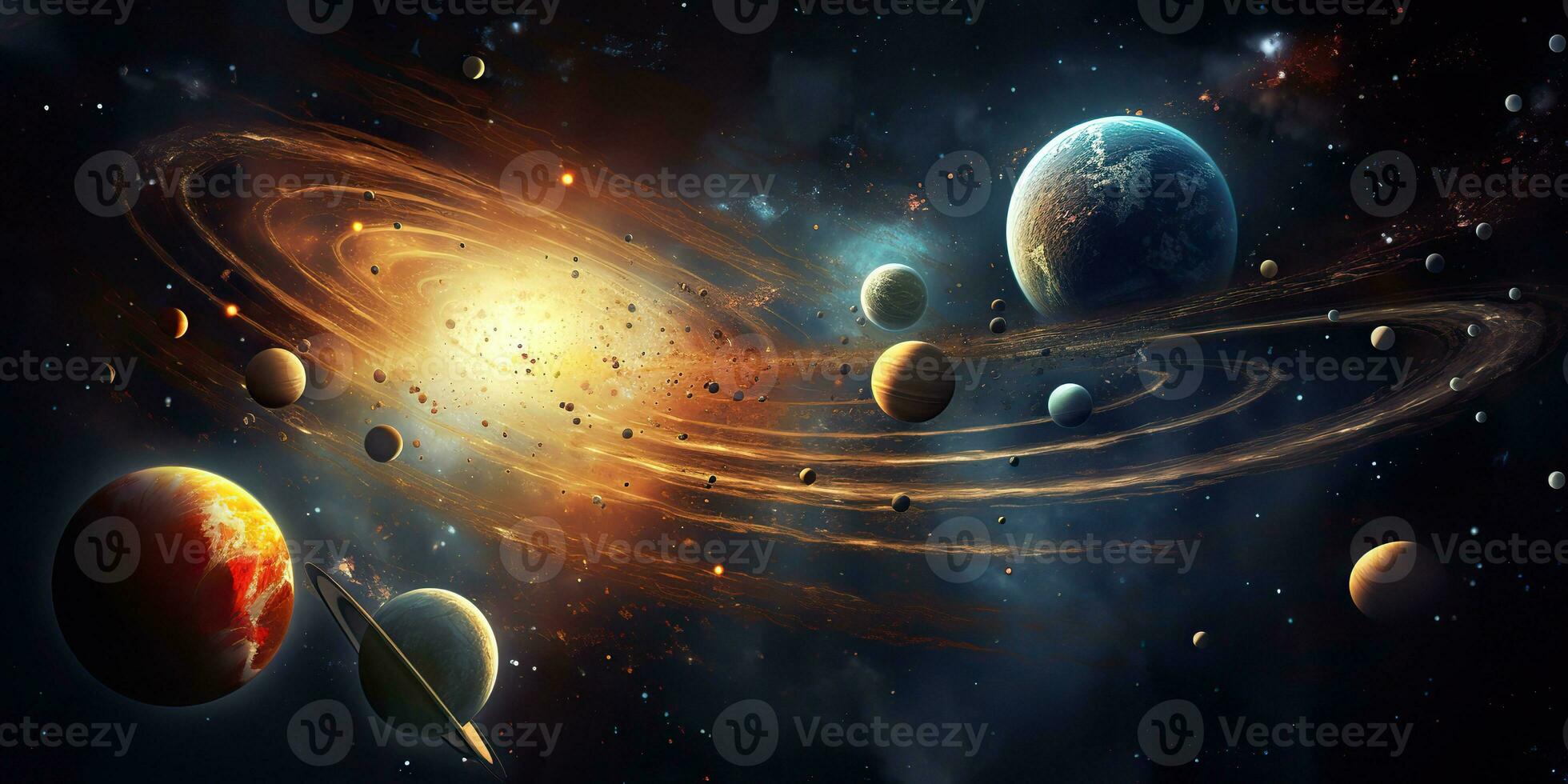 AI Generated. AI Generative. Solar system universe galaxy space planets poster background decoration. Graphic Art photo