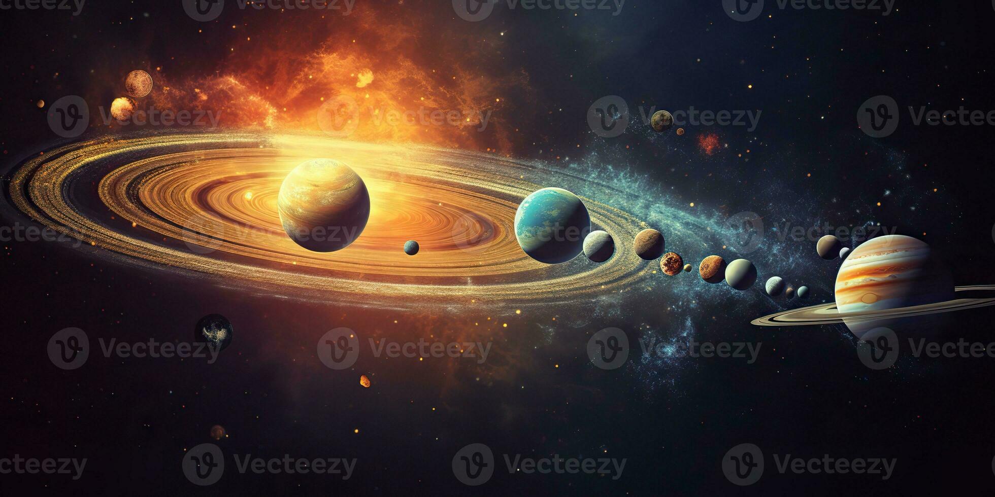 AI Generated. AI Generative. Solar system universe galaxy space planets poster background decoration. Graphic Art photo