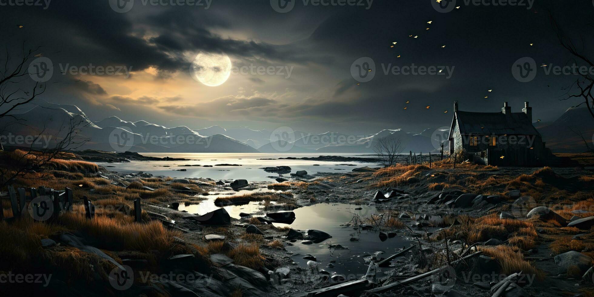 AI Generated. AI Generative. Marine nautical navy coastline beach landscape background. Adventure vacation trip with sea mountain and dark night moon vibe. Graphic Art photo