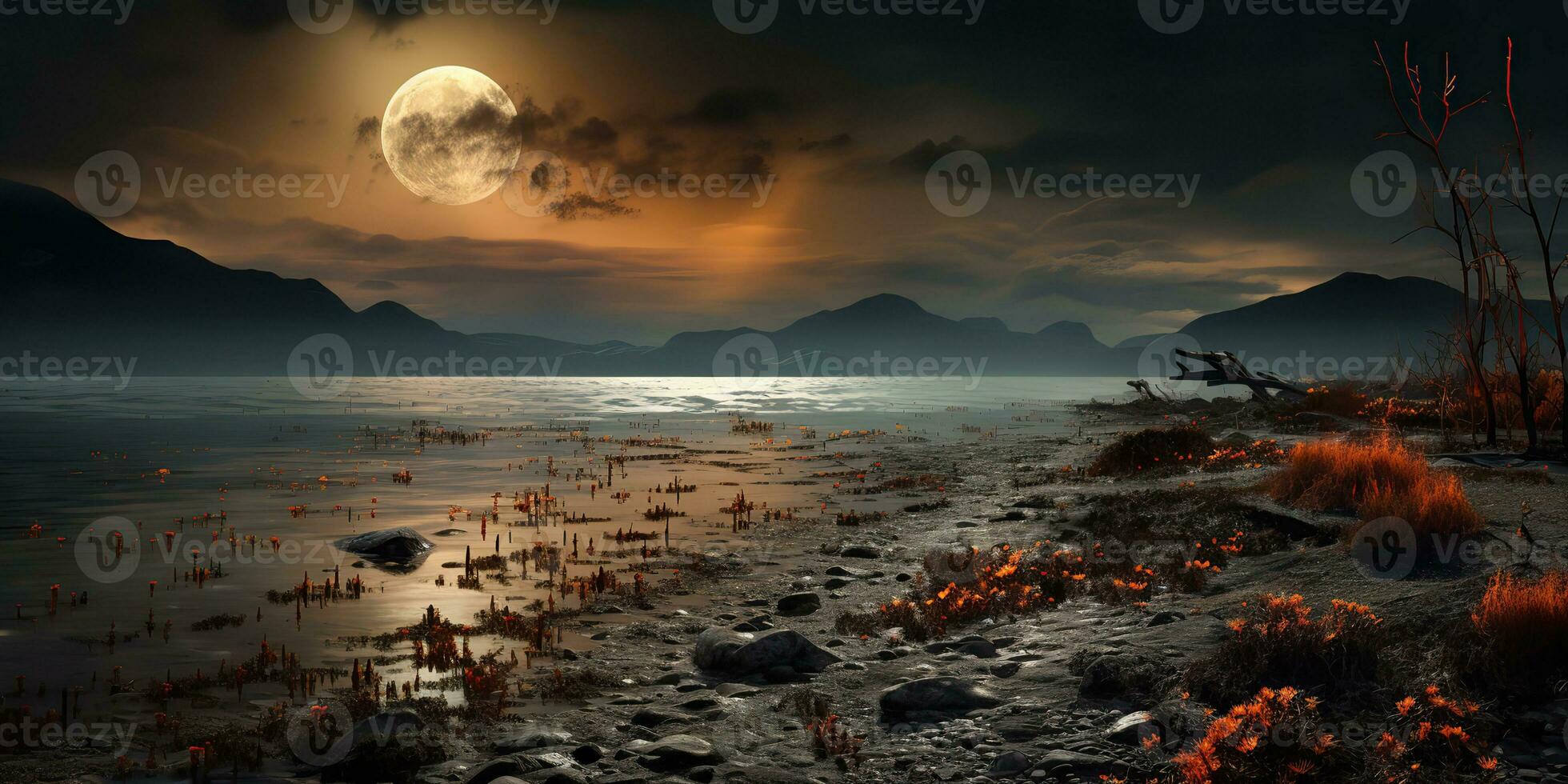 AI Generated. AI Generative. Marine nautical navy coastline beach landscape background. Adventure vacation trip with sea mountain and dark night moon vibe. Graphic Art photo