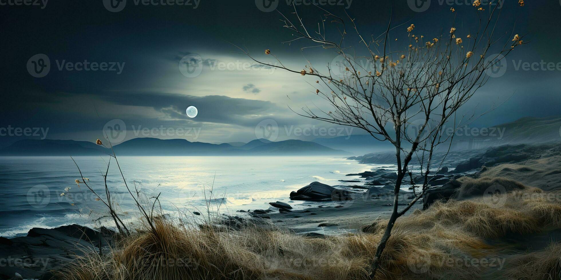 AI Generated. AI Generative. Marine nautical navy coastline beach landscape background. Adventure vacation trip with sea mountain and dark night moon vibe. Graphic Art photo