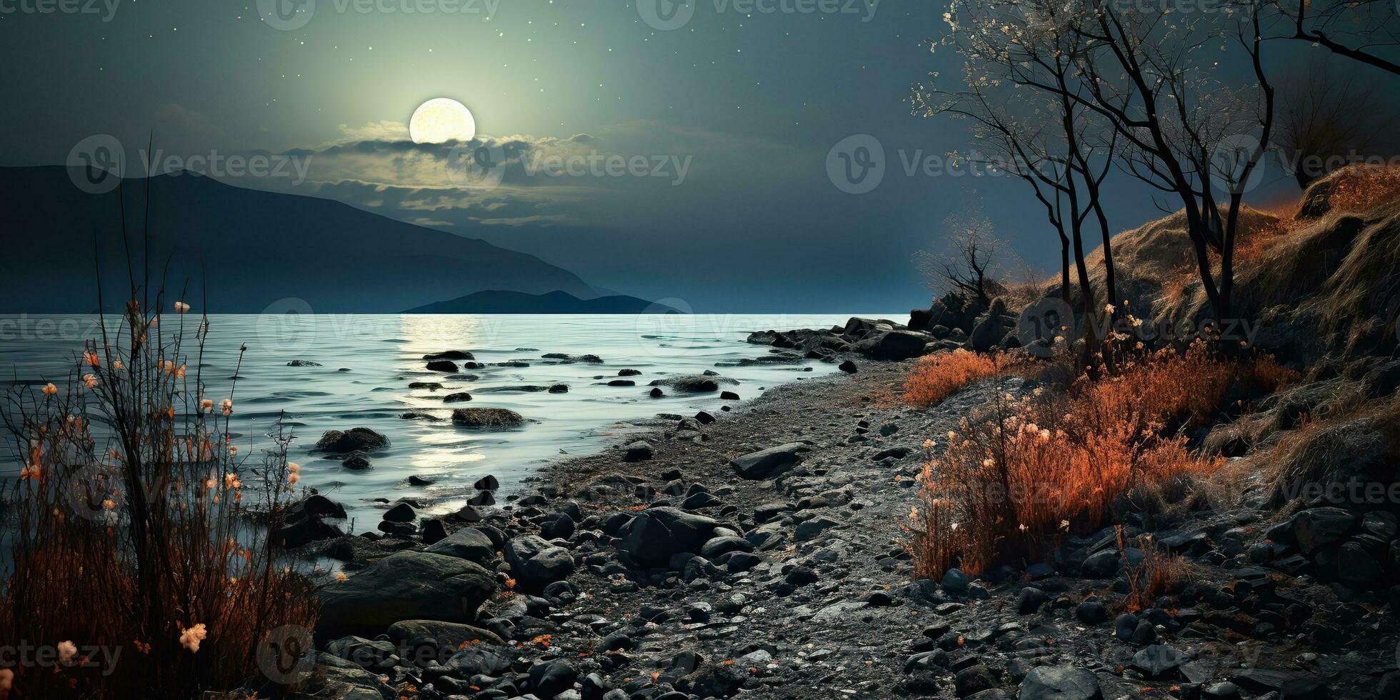 AI Generated. AI Generative. Marine nautical navy coastline beach landscape background. Adventure vacation trip with sea mountain and dark night moon vibe. Graphic Art photo