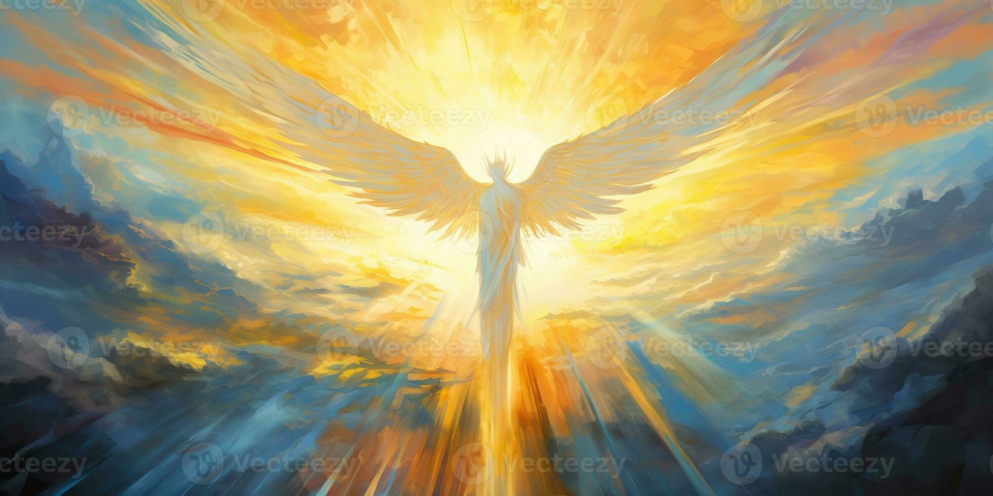 AI Generated. AI Generative. Glowing light flying angel in heaven. Religion spiritual faith christian catholic jesus mythology vibe. Graphic Art photo
