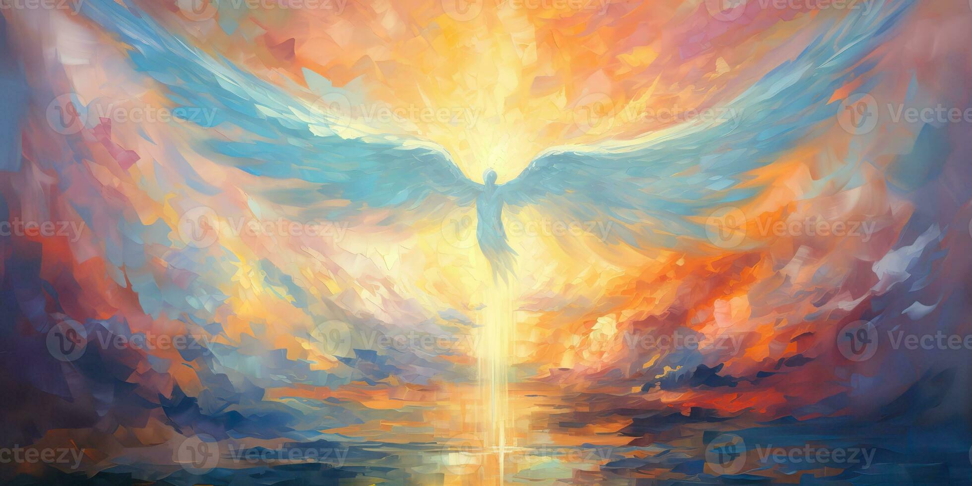 AI Generated. AI Generative. Glowing light flying angel in heaven. Religion spiritual faith christian catholic jesus mythology vibe. Graphic Art photo