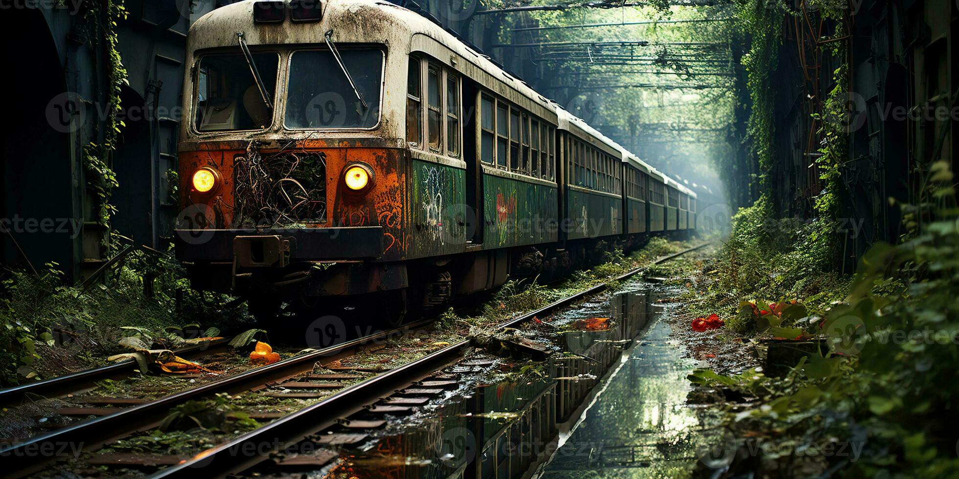 AI Generated. AI Generative. Tunnel abandoned  underground subway train station with old used train rail. Graffiti street art culture crime vibe. Graphic Art photo