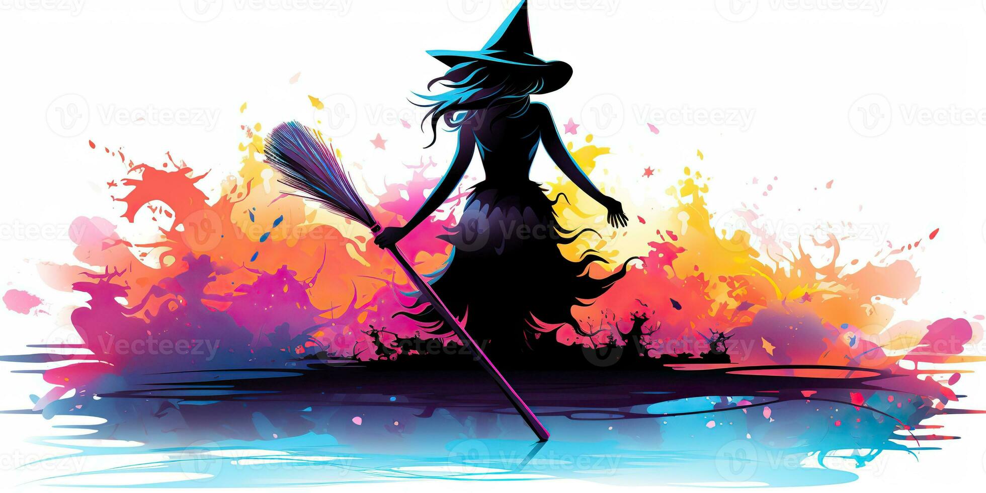 AI Generated. AI Generative. Watercolor draw ink paint witch girl woman with broom. Halloween holiday magic style. Graphic Art photo