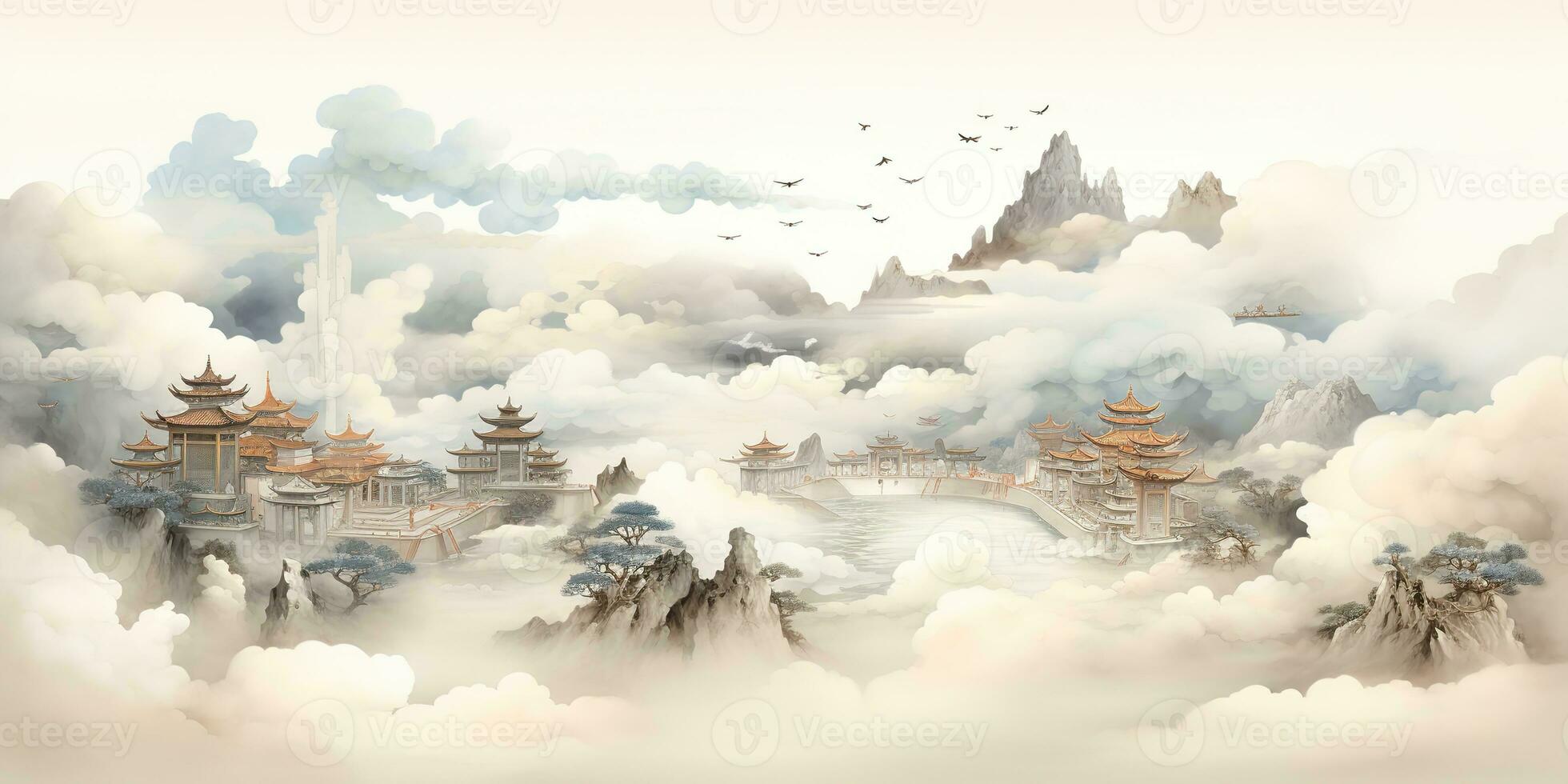 AI Generated. AI Generative. Ancient chinese temple mountain fog mist landscape. Vacation adventure outdoor asian traditional drawing painting art. Graphic Art photo