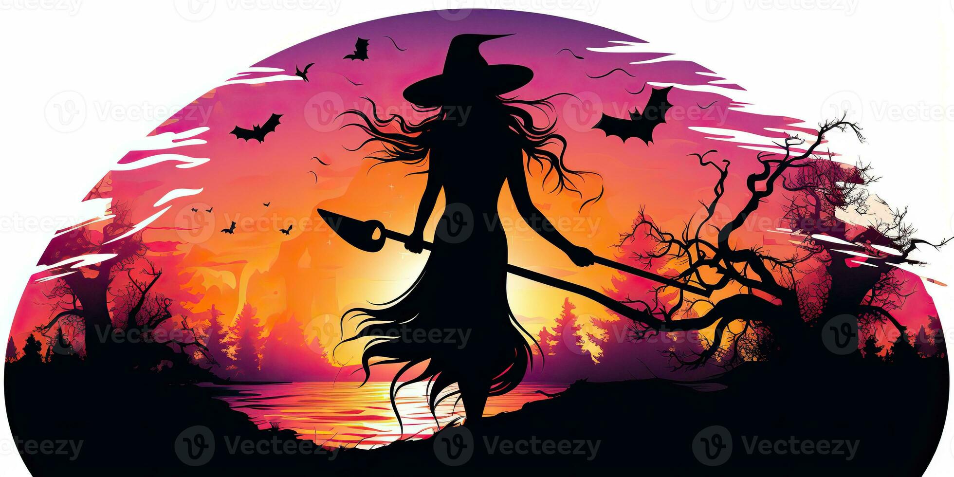 AI Generated. AI Generative. Watercolor draw ink paint witch girl woman with broom. Halloween holiday magic style. Graphic Art photo