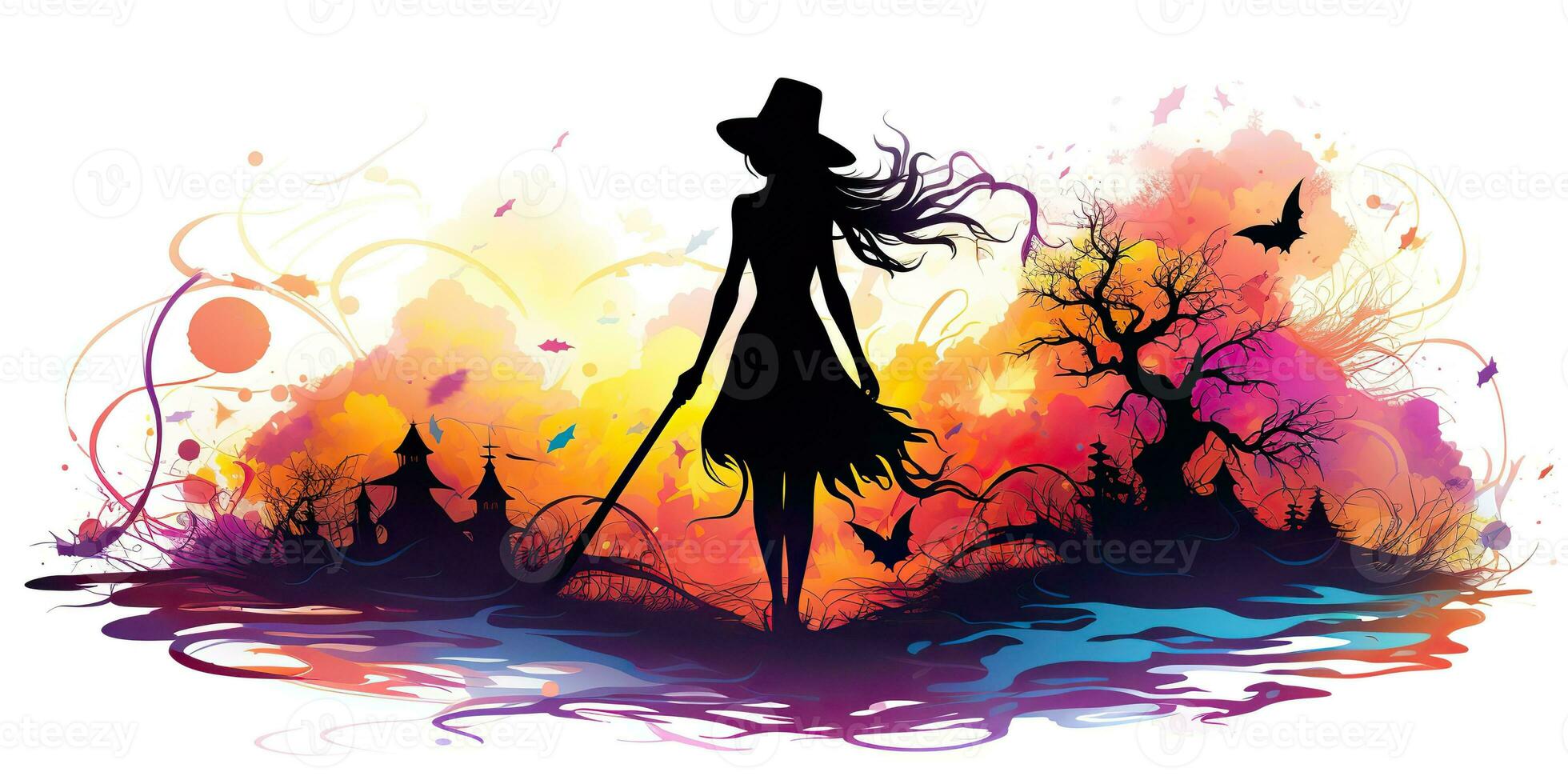 AI Generated. AI Generative. Watercolor draw ink paint witch girl woman with broom. Halloween holiday magic style. Graphic Art photo