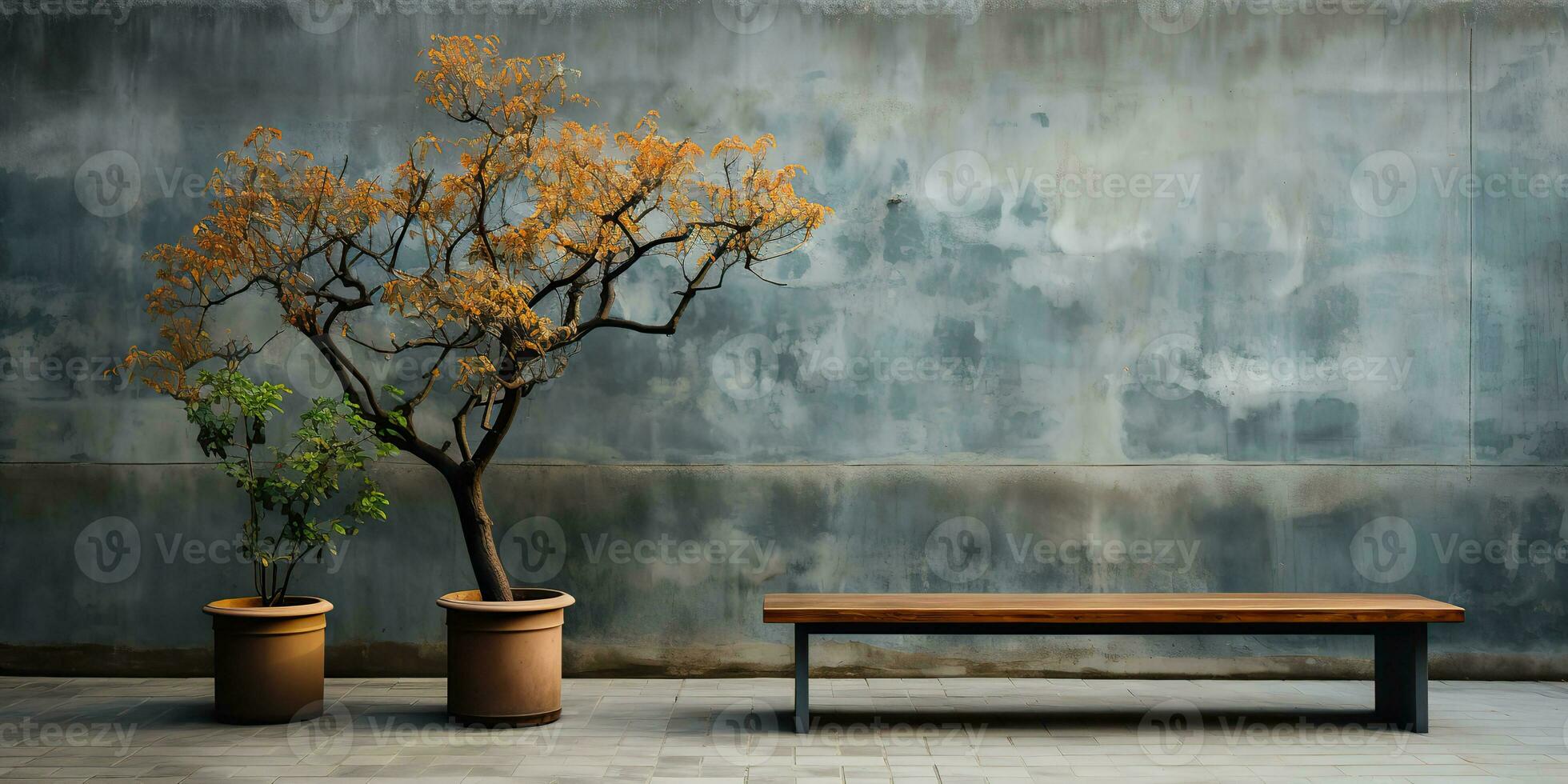 AI Generated. AI Generative. Urban city garden park with concrete stone wall and wooden bench and tree. Nature outdoor relaxing minimal time. Graphic photo