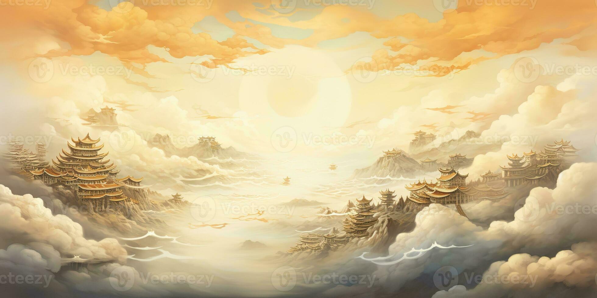 AI Generated. AI Generative. Ancient chinese temple mountain fog mist landscape. Vacation adventure outdoor asian traditional drawing painting art. Graphic Art photo