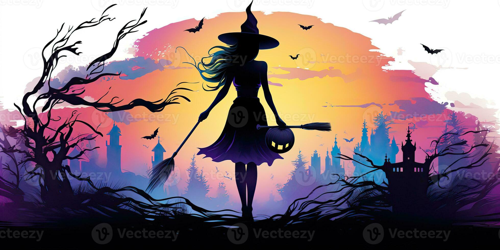 AI Generated. AI Generative. Watercolor draw ink paint witch girl woman with broom. Halloween holiday magic style. Graphic Art photo