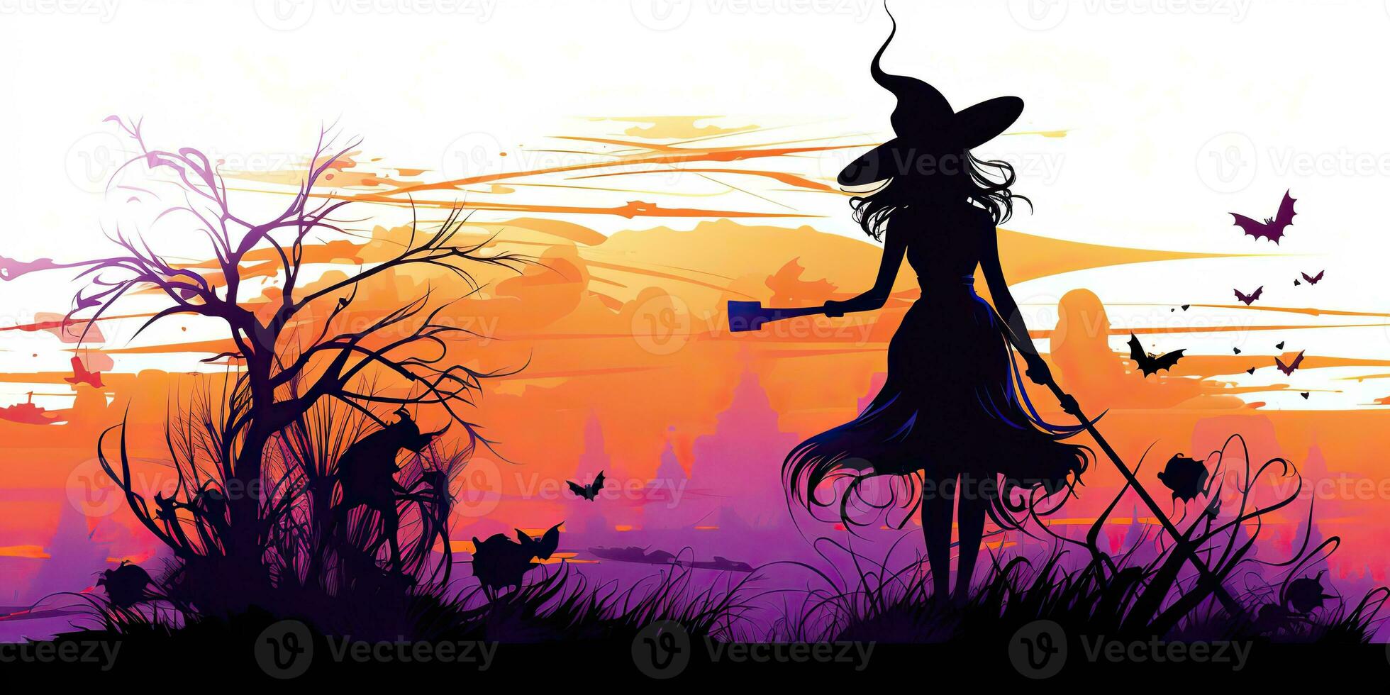 AI Generated. AI Generative. Watercolor draw ink paint witch girl woman with broom. Halloween holiday magic style. Graphic Art photo