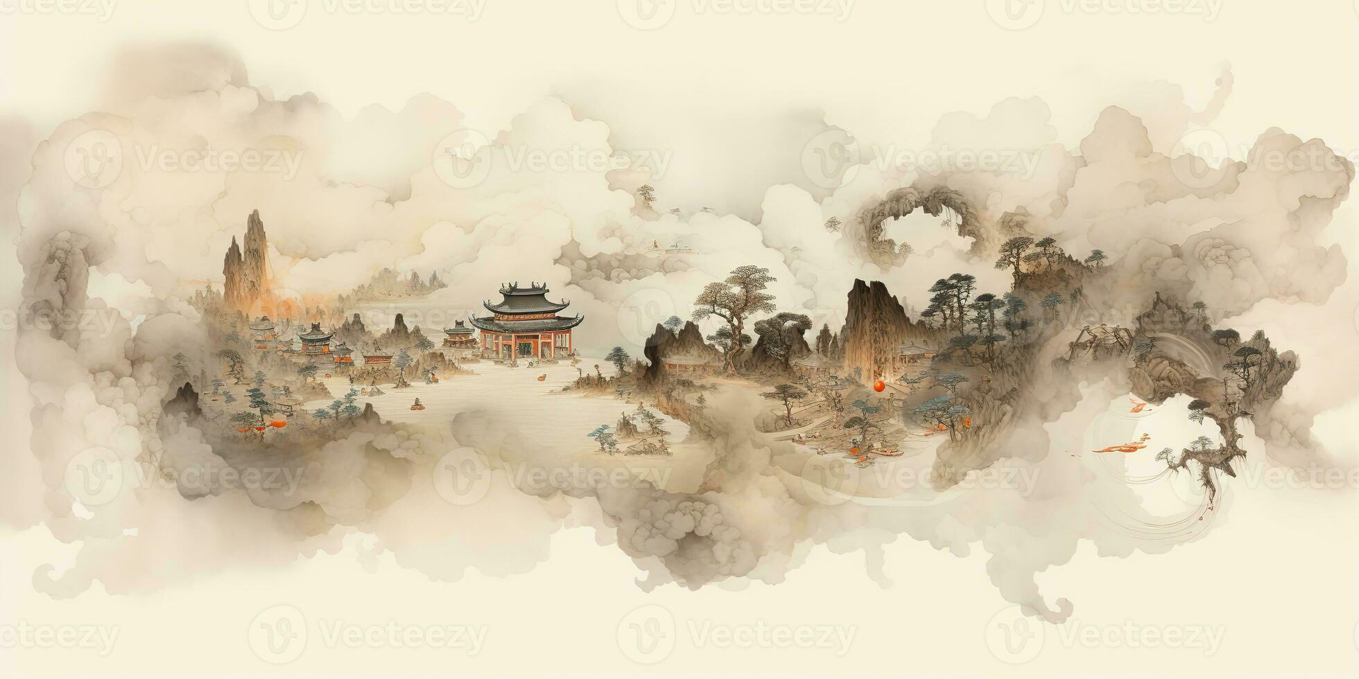 AI Generated. AI Generative. Ancient chinese temple mountain fog mist landscape. Vacation adventure outdoor asian traditional drawing painting art. Graphic Art photo