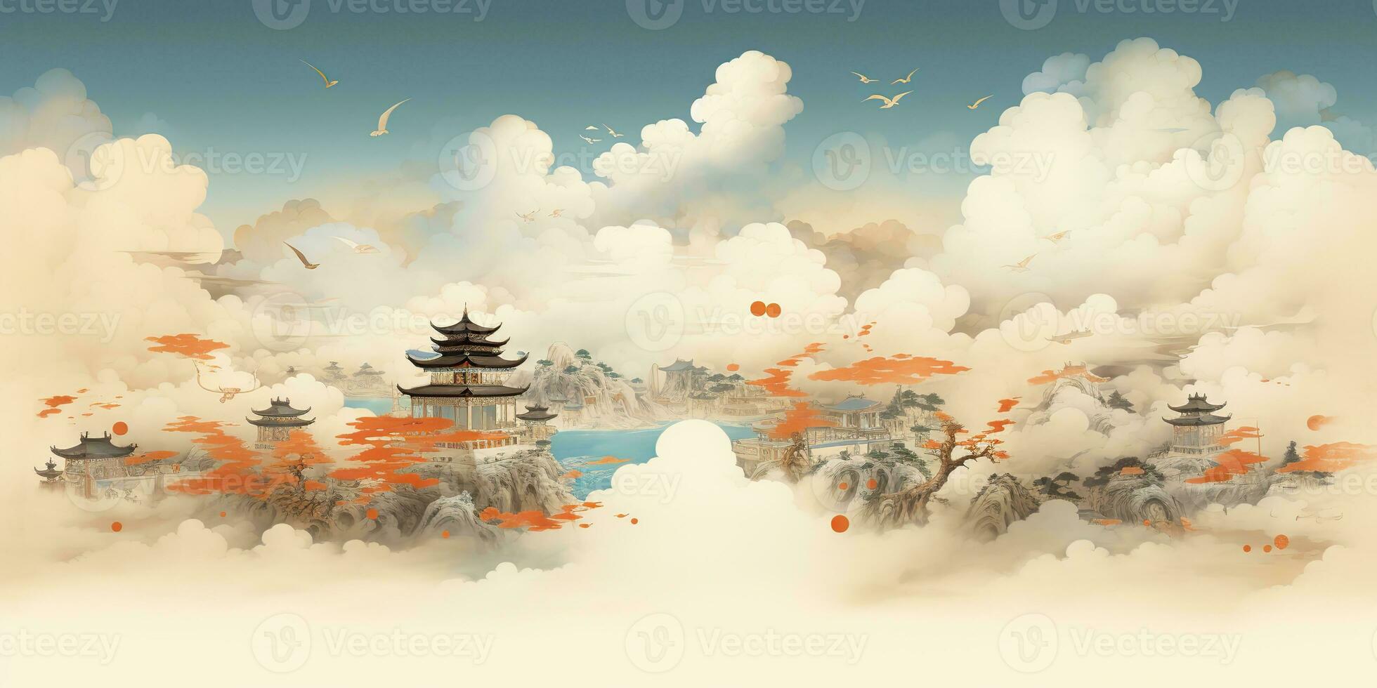 AI Generated. AI Generative. Ancient chinese temple mountain fog mist landscape. Vacation adventure outdoor asian traditional drawing painting art. Graphic Art photo