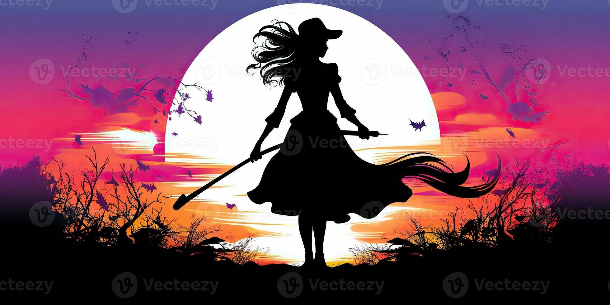 AI Generated. AI Generative. Watercolor draw ink paint witch girl woman with broom. Halloween holiday magic style. Graphic Art photo