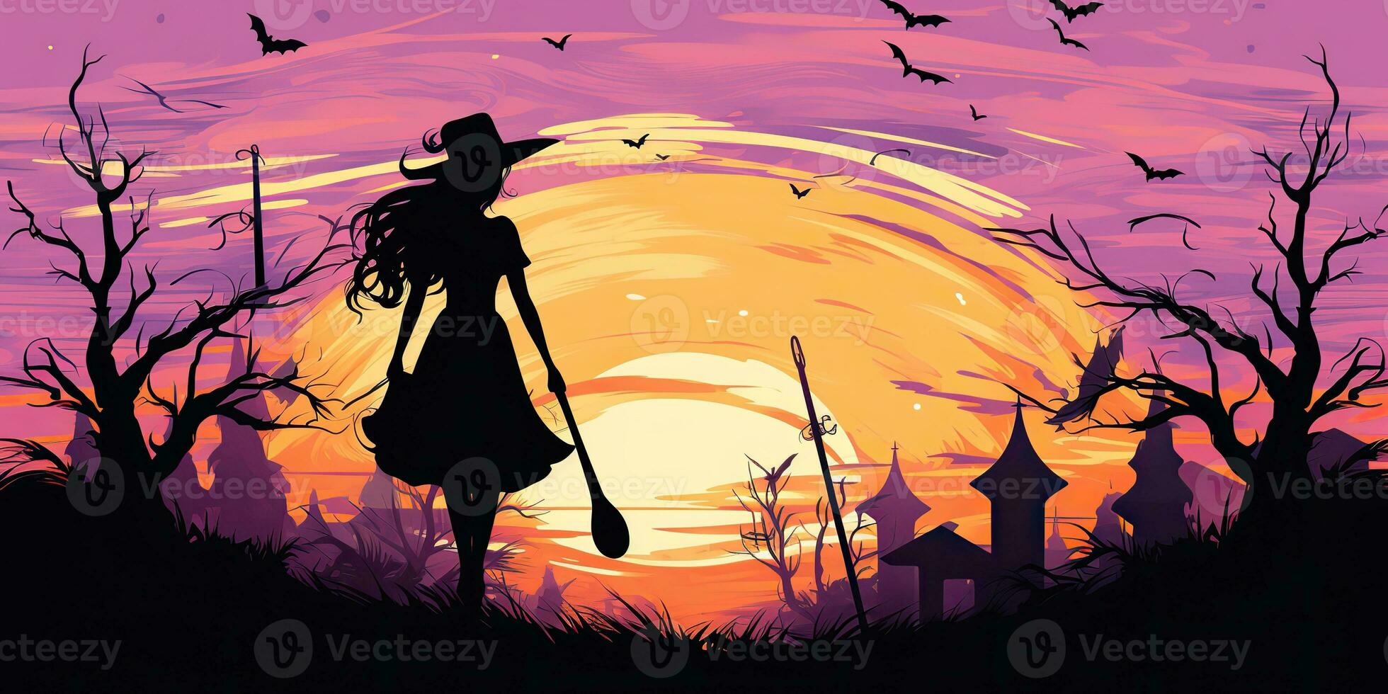 AI Generated. AI Generative. Watercolor draw ink paint witch girl woman with broom. Halloween holiday magic style. Graphic Art photo