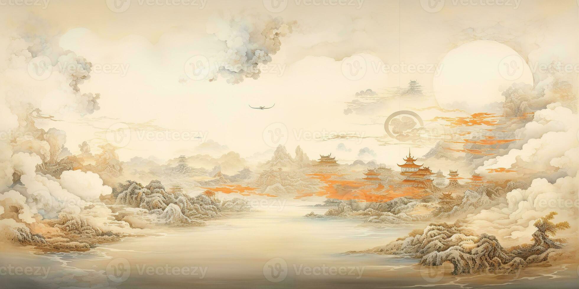 AI Generated. AI Generative. Ancient chinese temple mountain fog mist landscape. Vacation adventure outdoor asian traditional drawing painting art. Graphic Art photo