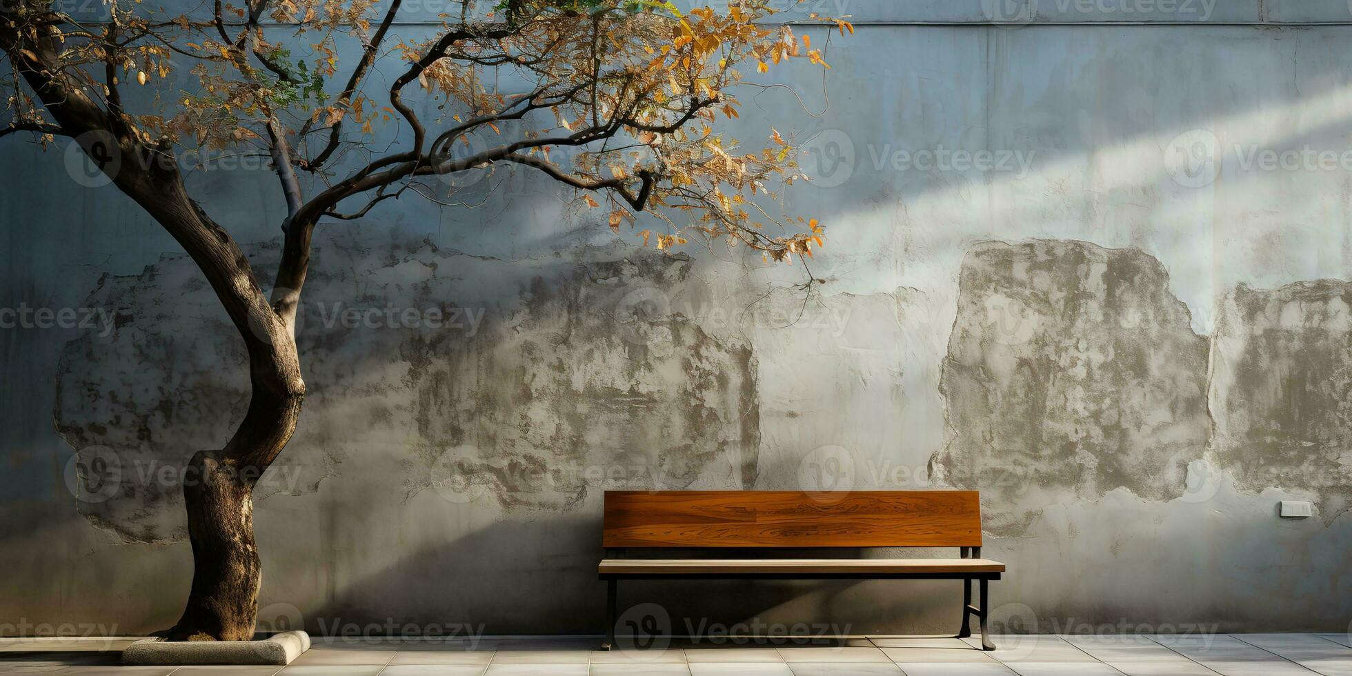 AI Generated. AI Generative. Urban city garden park with concrete stone wall and wooden bench and tree. Nature outdoor relaxing minimal time. Graphic photo