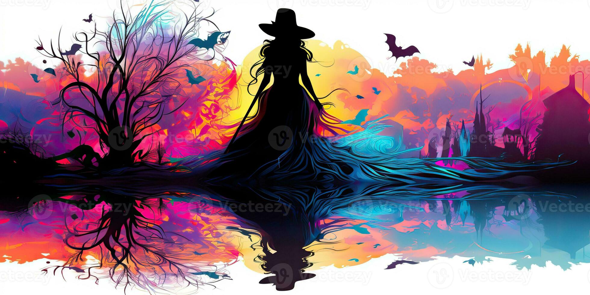 AI Generated. AI Generative. Watercolor draw ink paint witch girl woman with broom. Halloween holiday magic style. Graphic Art photo