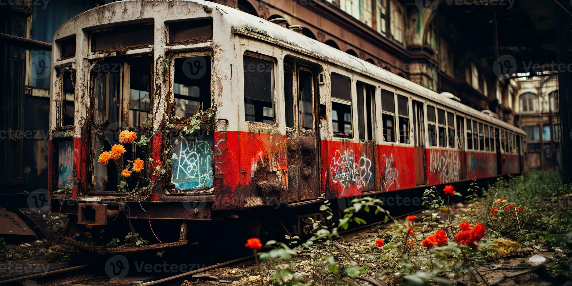 AI Generated. AI Generative. Tunnel abandoned  underground subway train station with old used train rail. Graffiti street art culture crime vibe. Graphic Art photo