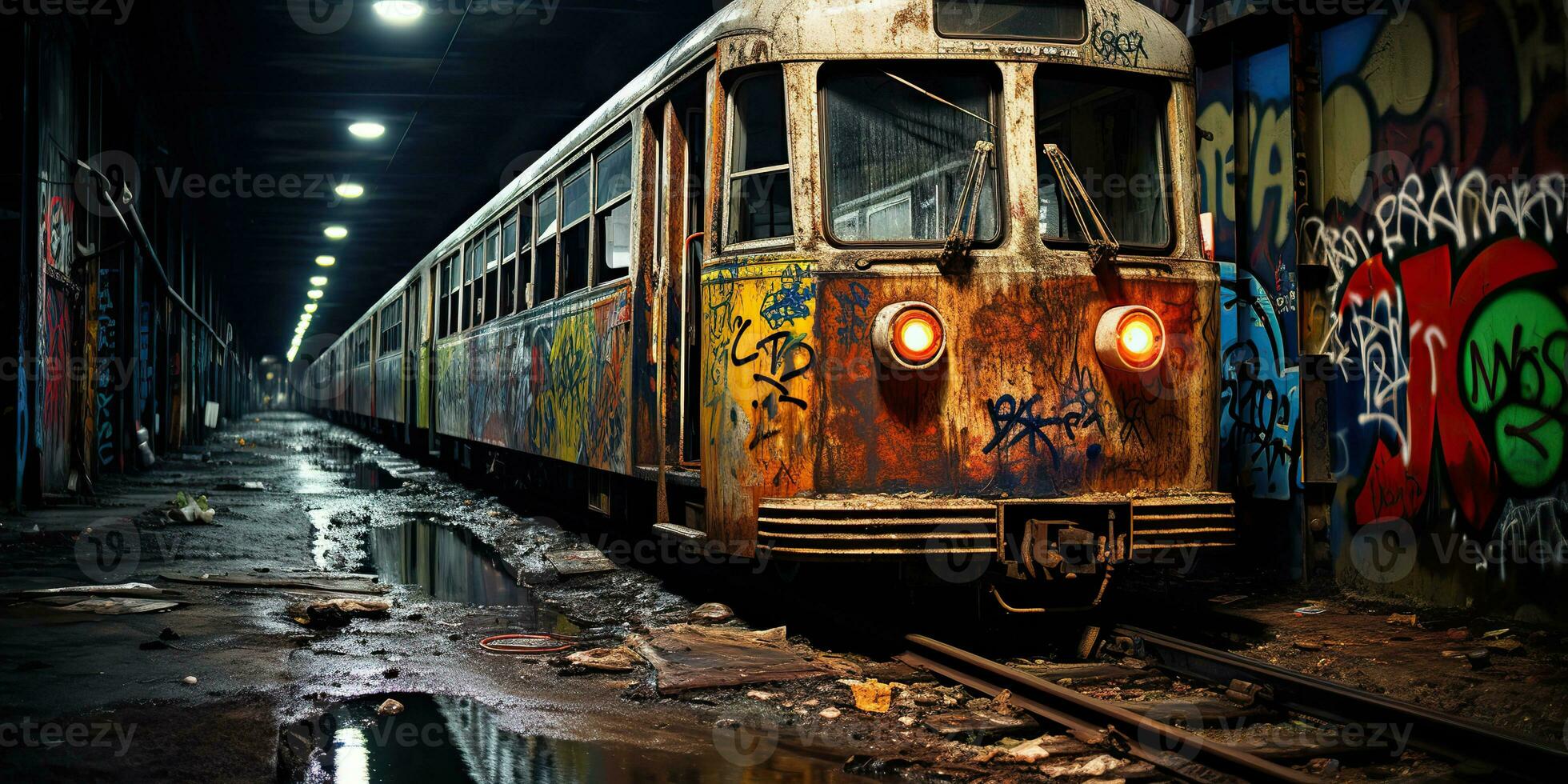 AI Generated. AI Generative. Tunnel abandoned  underground subway train station with old used train rail. Graffiti street art culture crime vibe. Graphic Art photo