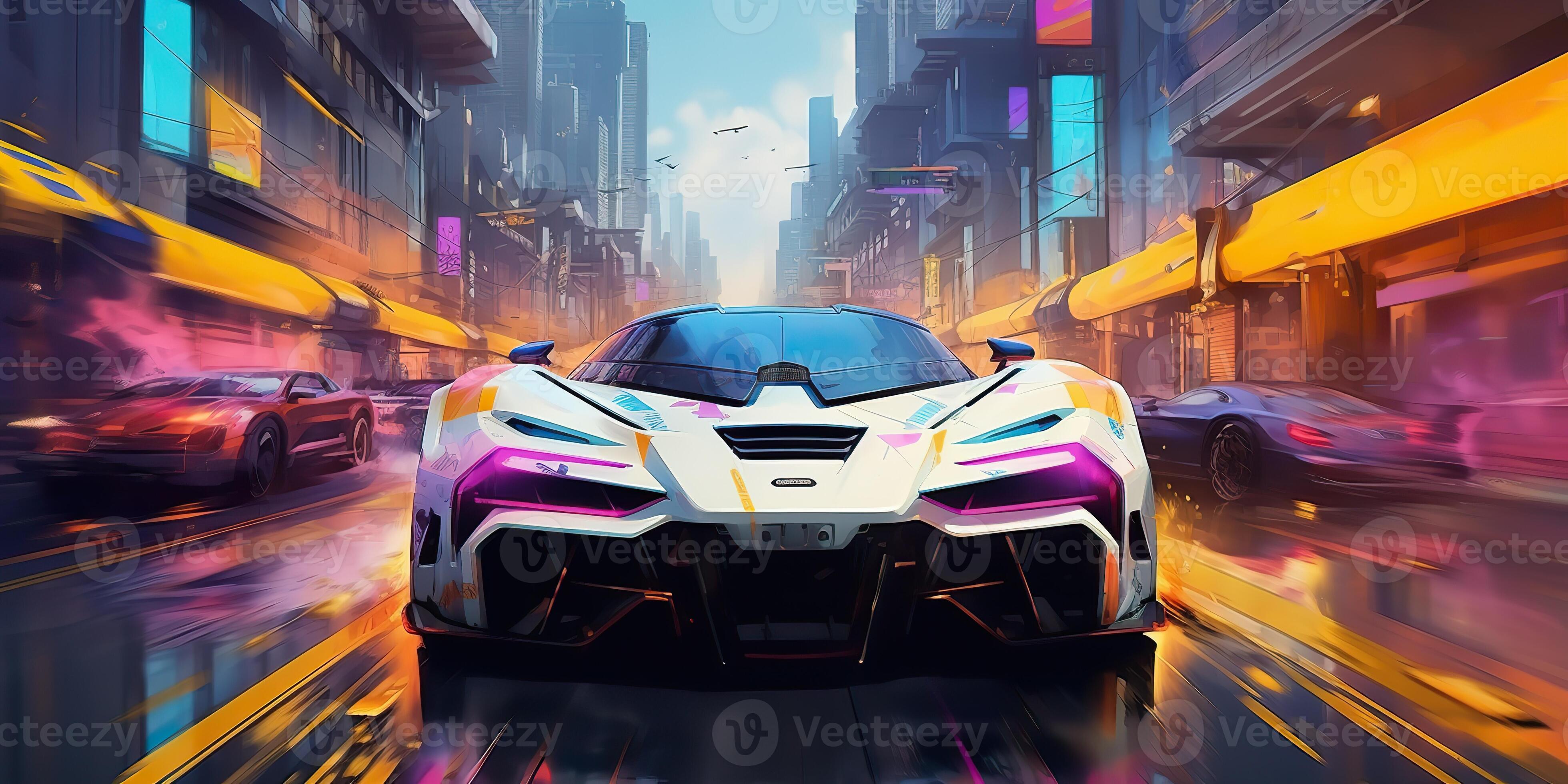 AI Generated. AI Generative. Cyberpunk race car neon ligh night move on